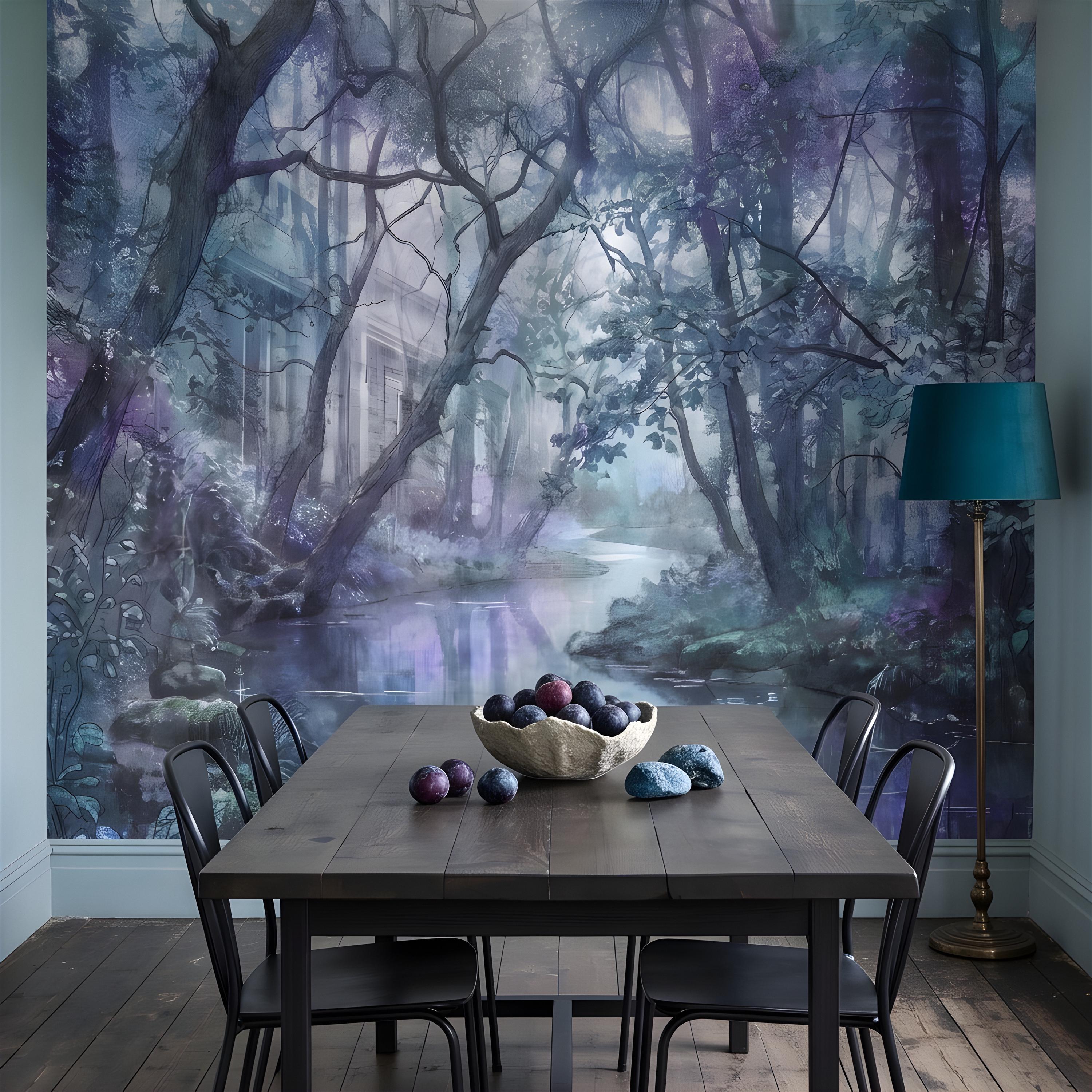 Enchanted Forest Peel and Stick Wall Mural, Misty Woodland Stream, Ethereal Fantasy Landscape, Watercolor Nature Wallpaper