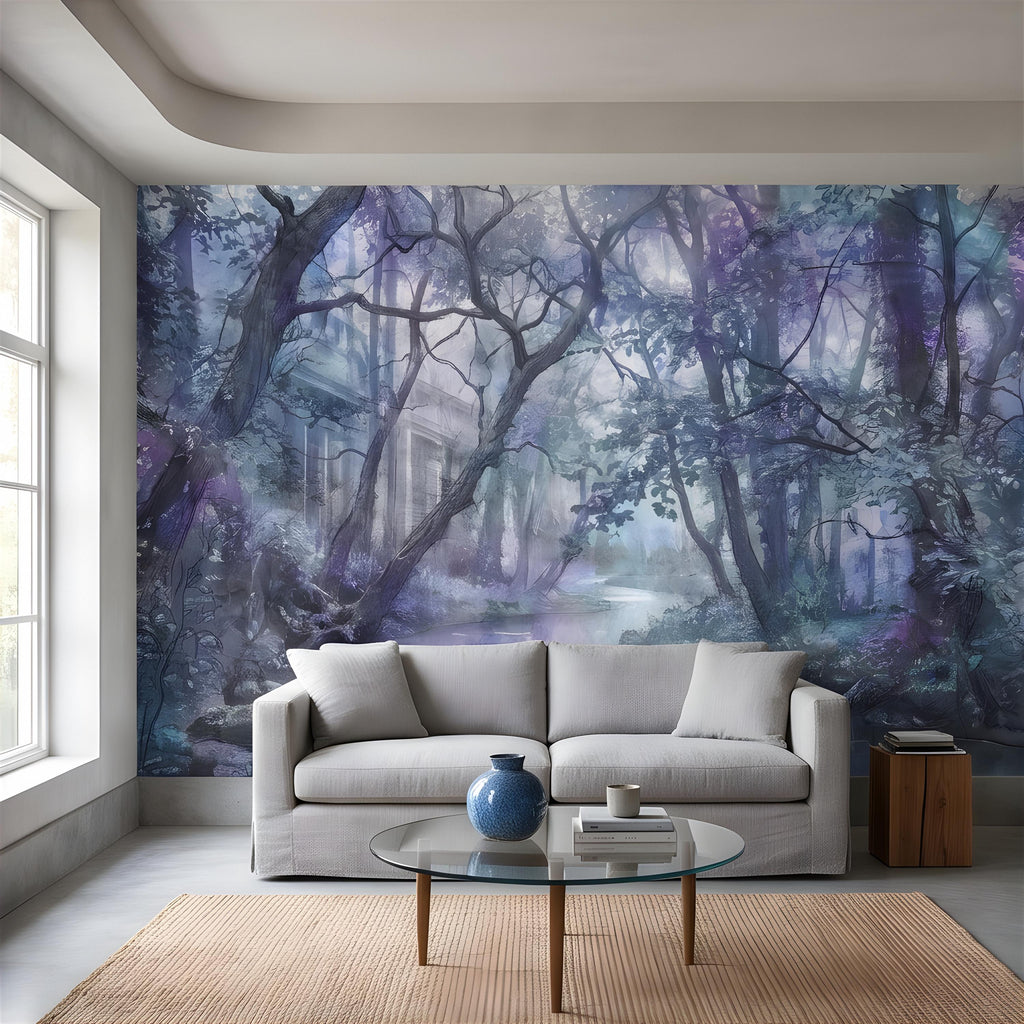 Enchanted Forest Peel and Stick Wall Mural, Misty Woodland Stream, Ethereal Fantasy Landscape, Watercolor Nature Wallpaper