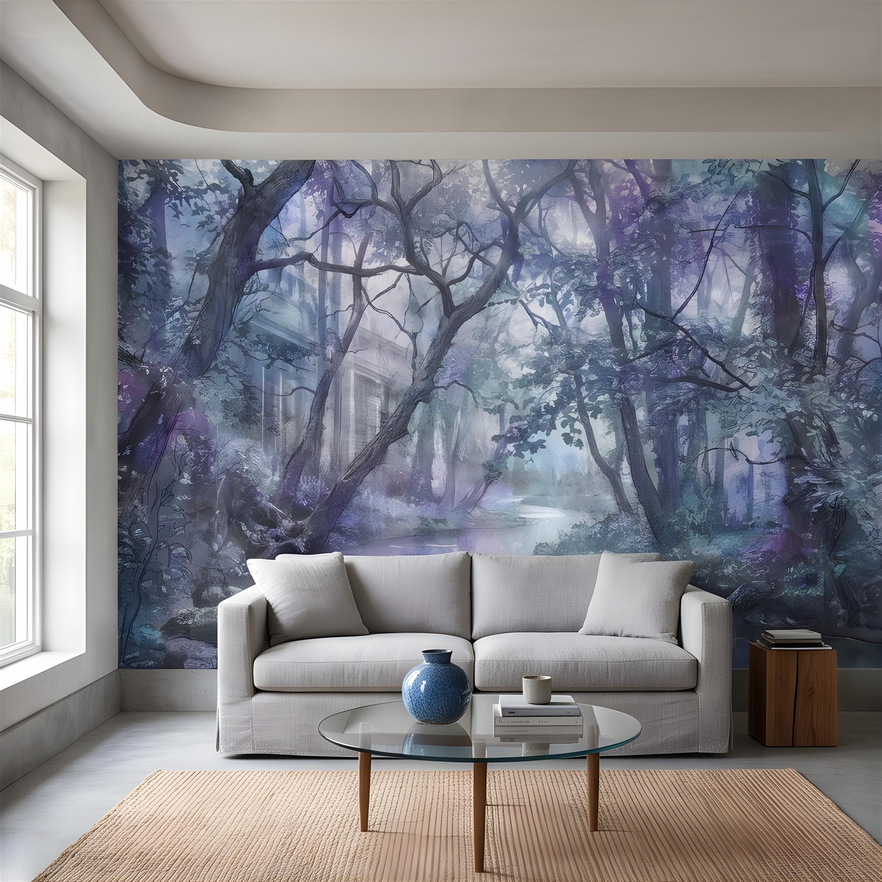 Enchanted Forest Peel and Stick Wall Mural, Misty Woodland Stream, Ethereal Fantasy Landscape, Watercolor Nature Wallpaper