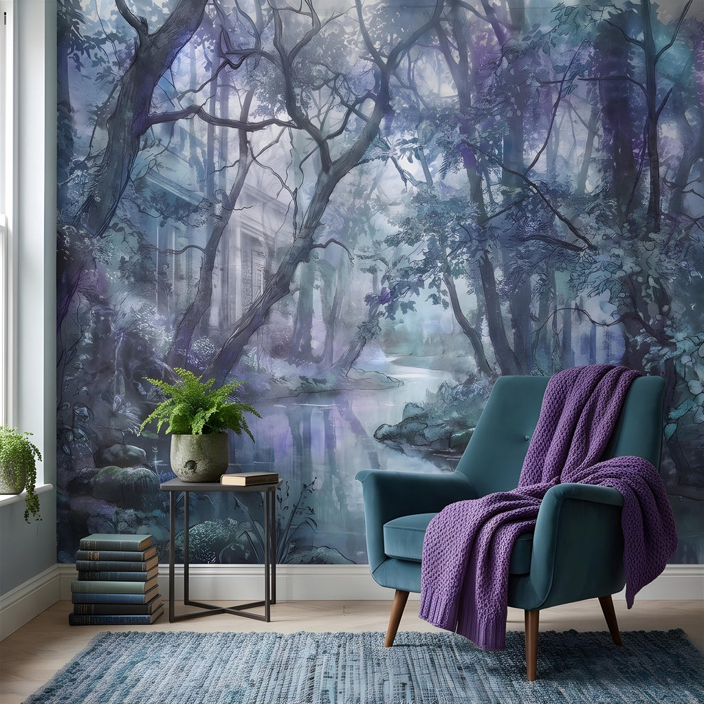 Enchanted Forest Peel and Stick Wall Mural, Misty Woodland Stream, Ethereal Fantasy Landscape, Watercolor Nature Wallpaper