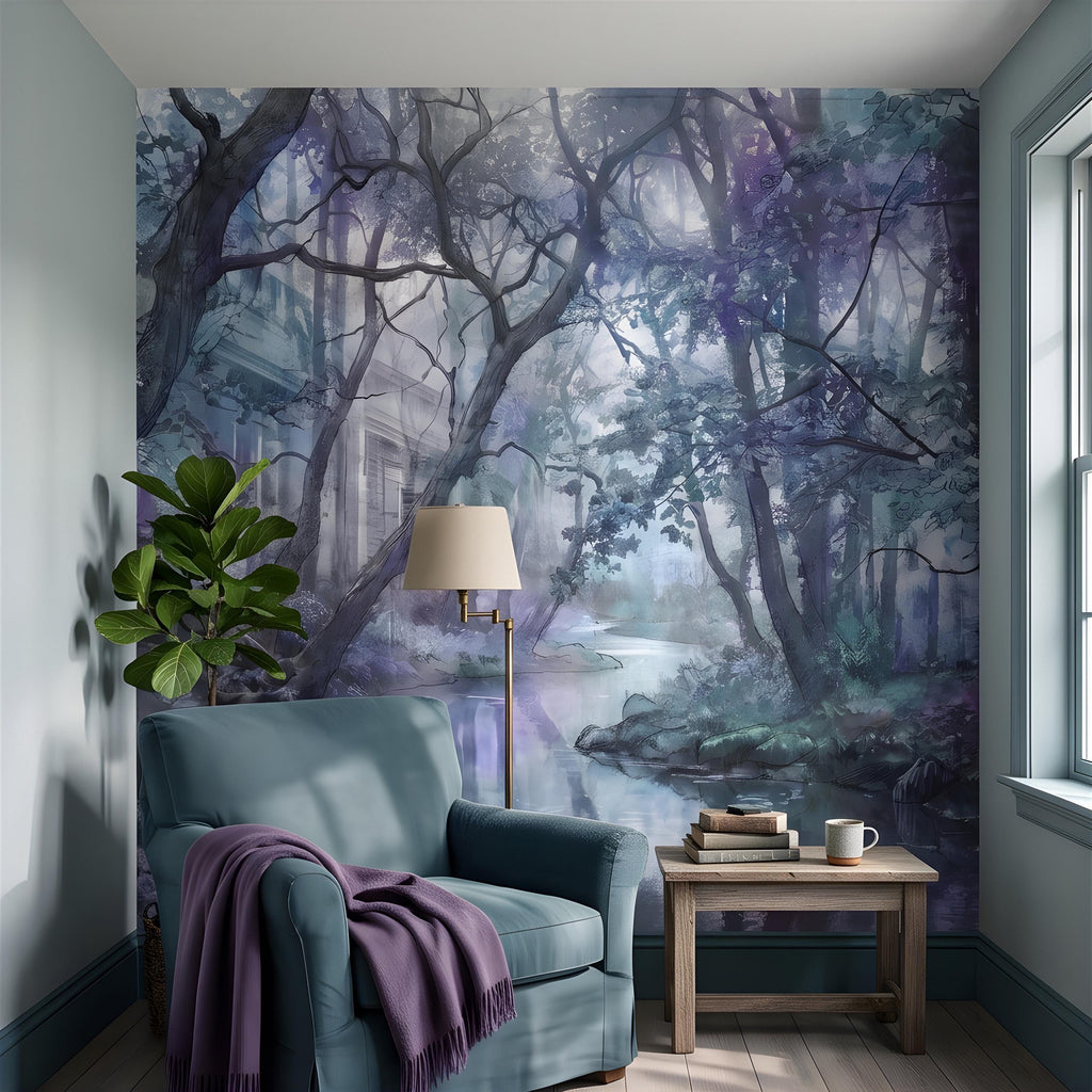 Enchanted Forest Peel and Stick Wall Mural, Misty Woodland Stream, Ethereal Fantasy Landscape, Watercolor Nature Wallpaper
