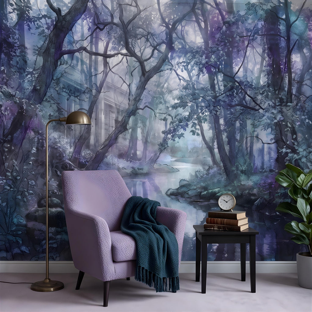 Enchanted Forest Peel and Stick Wall Mural, Misty Woodland Stream, Ethereal Fantasy Landscape, Watercolor Nature Wallpaper