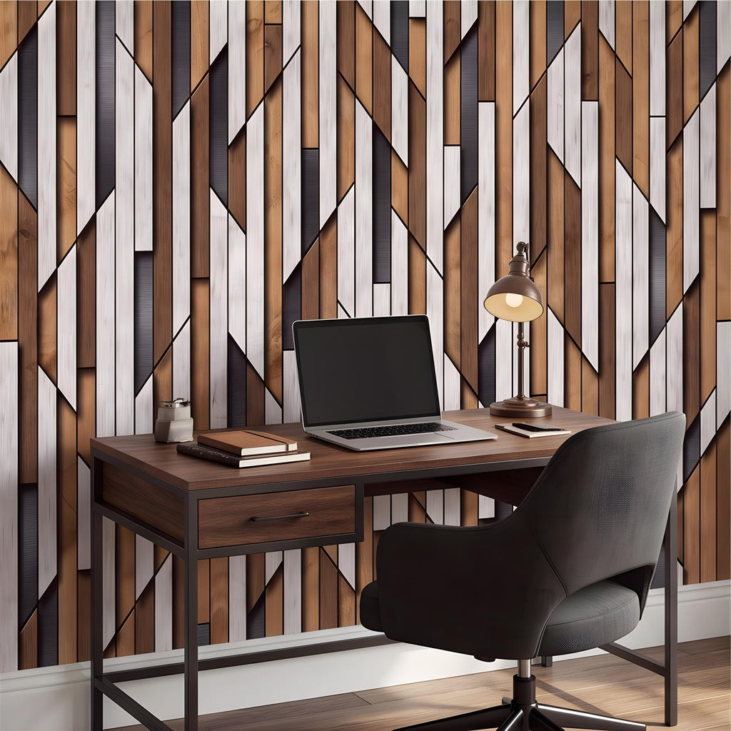 3D Geometric Wood Panel Peel and Stick Wall Mural, Modern Slatted Timber Pattern, Layered Wooden Planks, Architectural Texture Wallpaper