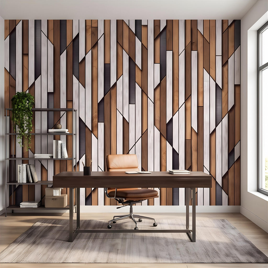 3D Geometric Wood Panel Peel and Stick Wall Mural, Modern Slatted Timber Pattern, Layered Wooden Planks, Architectural Texture Wallpaper