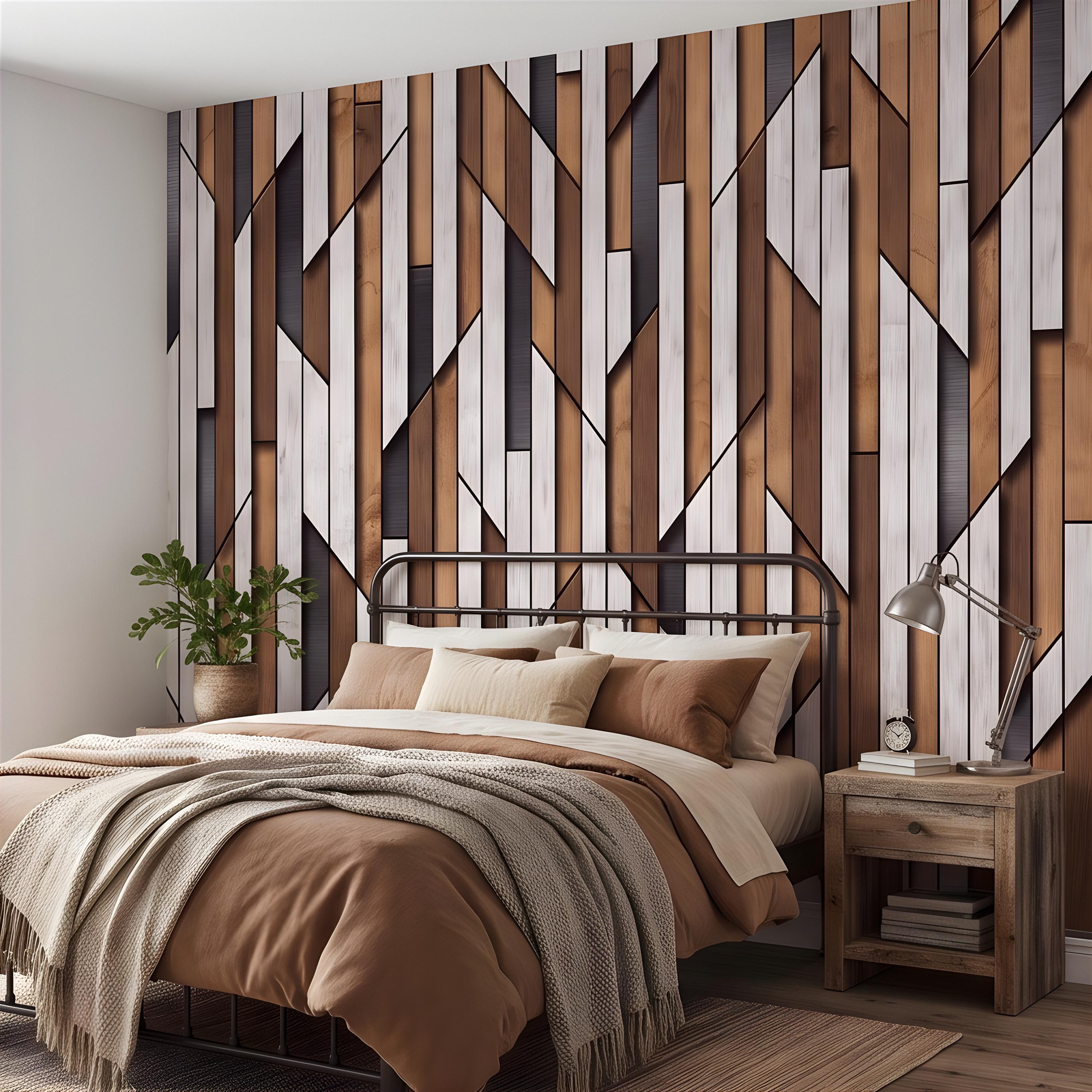 3D Geometric Wood Panel Peel and Stick Wall Mural, Modern Slatted Timber Pattern, Layered Wooden Planks, Architectural Texture Wallpaper