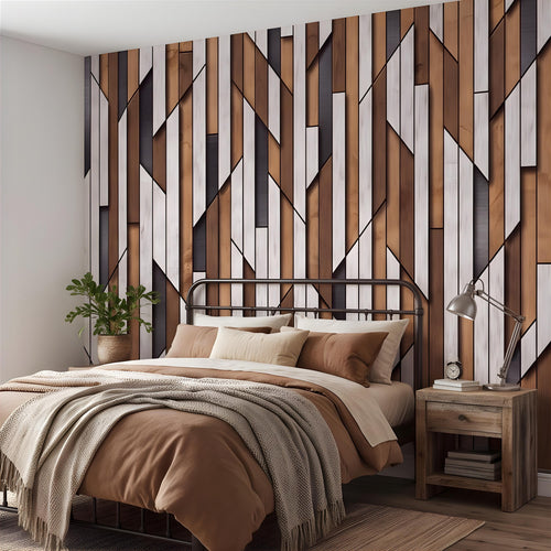 3D Geometric Wood Panel Peel and Stick Wall Mural, Modern Slatted Timber Pattern, Layered Wooden Planks, Architectural Texture Wallpaper