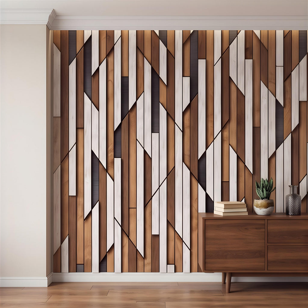 3D Geometric Wood Panel Peel and Stick Wall Mural, Modern Slatted Timber Pattern, Layered Wooden Planks, Architectural Texture Wallpaper