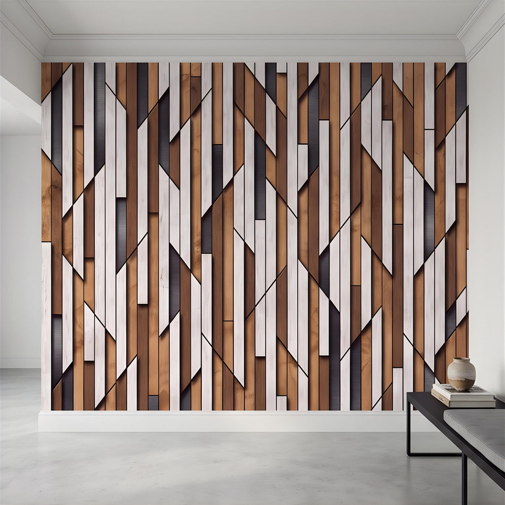 3D Geometric Wood Panel Peel and Stick Wall Mural, Modern Slatted Timber Pattern, Layered Wooden Planks, Architectural Texture Wallpaper