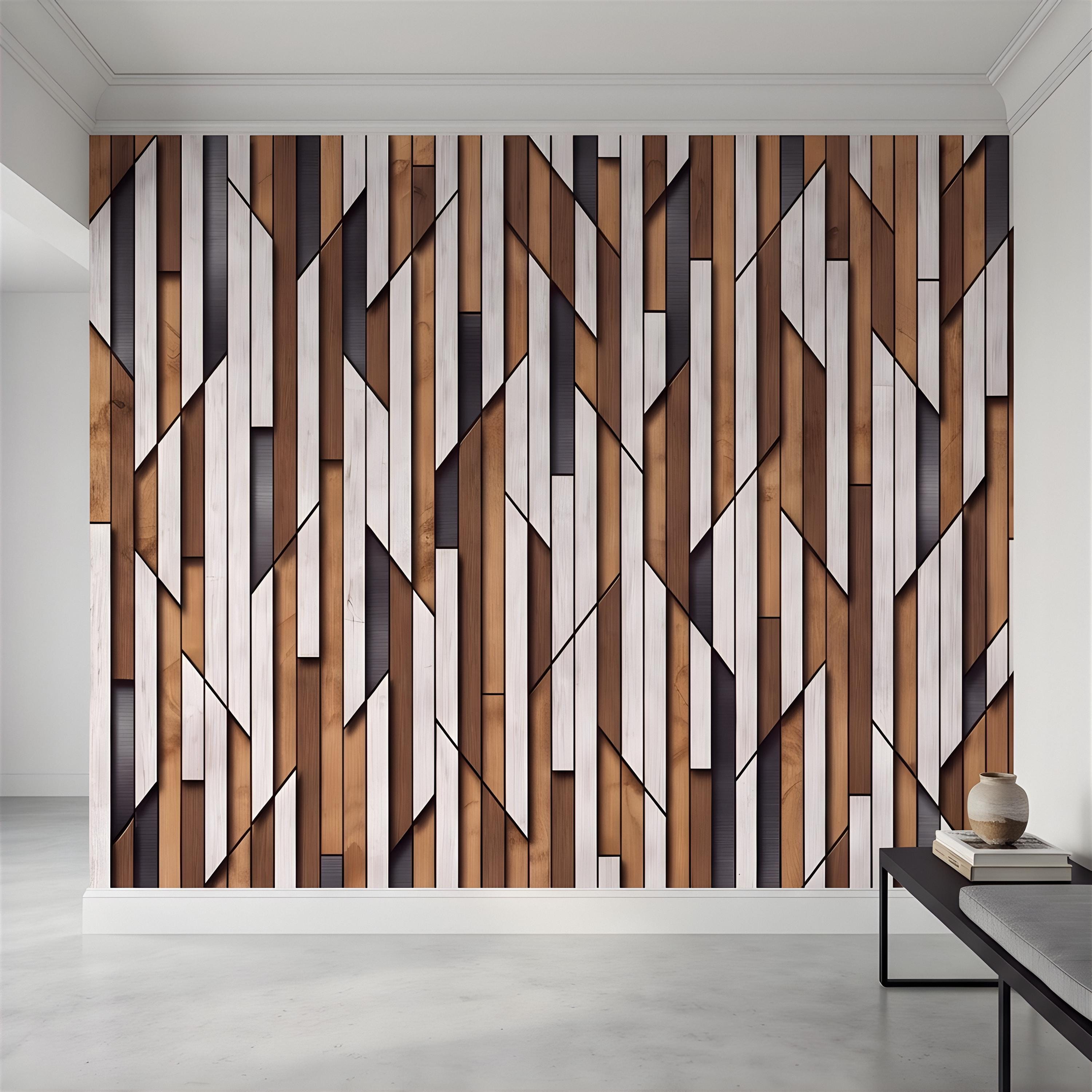 3D Geometric Wood Panel Peel and Stick Wall Mural, Modern Slatted Timber Pattern, Layered Wooden Planks, Architectural Texture Wallpaper