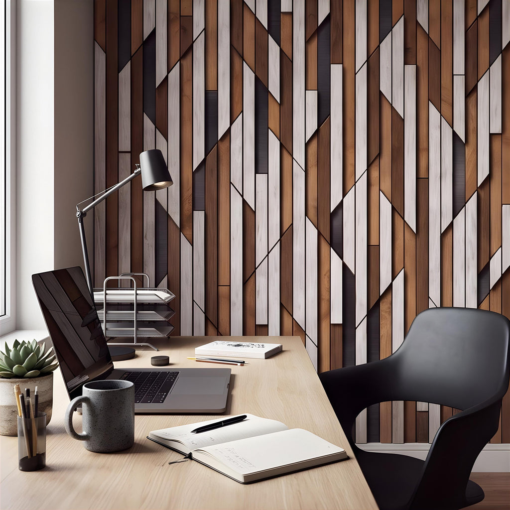 3D Geometric Wood Panel Peel and Stick Wall Mural, Modern Slatted Timber Pattern, Layered Wooden Planks, Architectural Texture Wallpaper