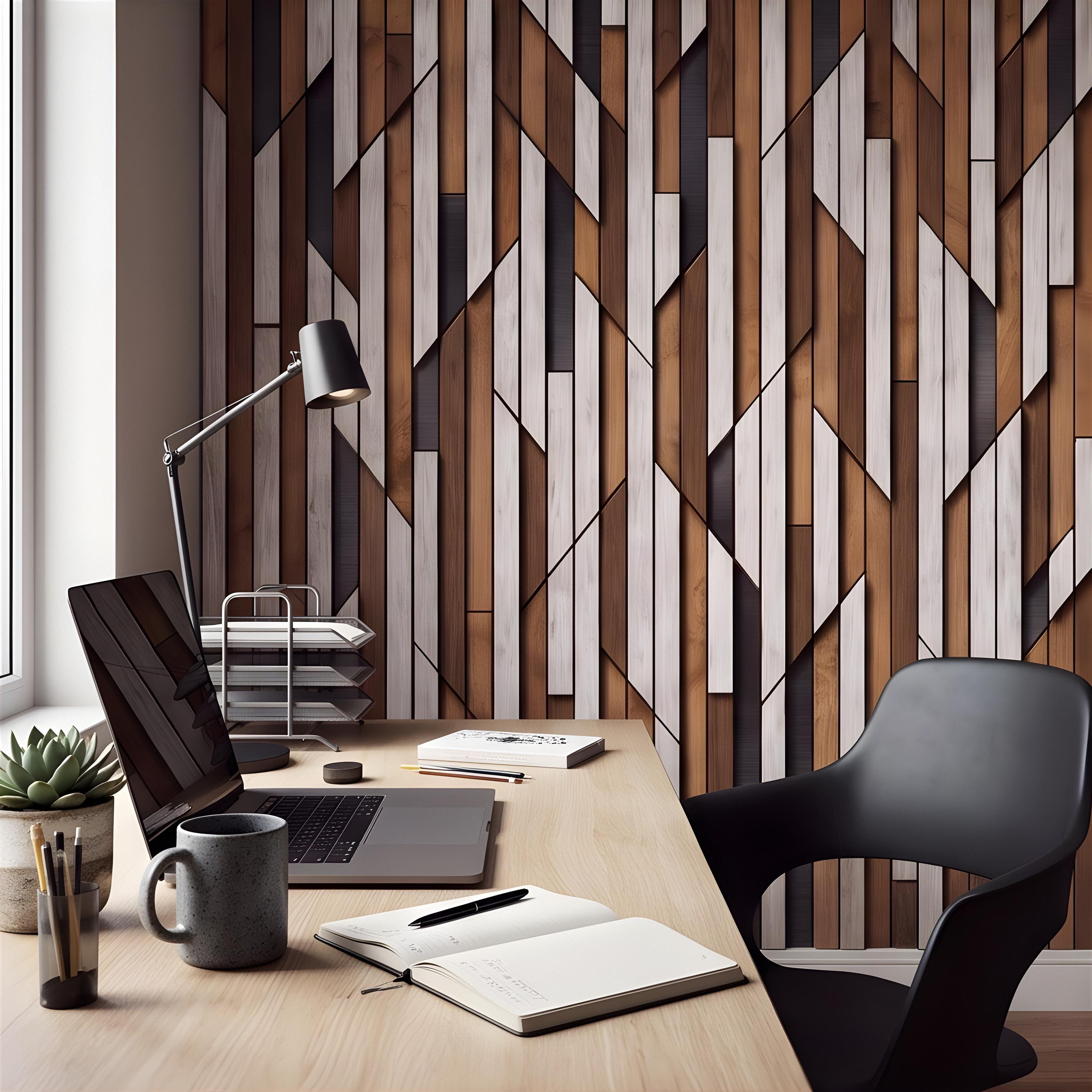 3D Geometric Wood Panel Peel and Stick Wall Mural, Modern Slatted Timber Pattern, Layered Wooden Planks, Architectural Texture Wallpaper