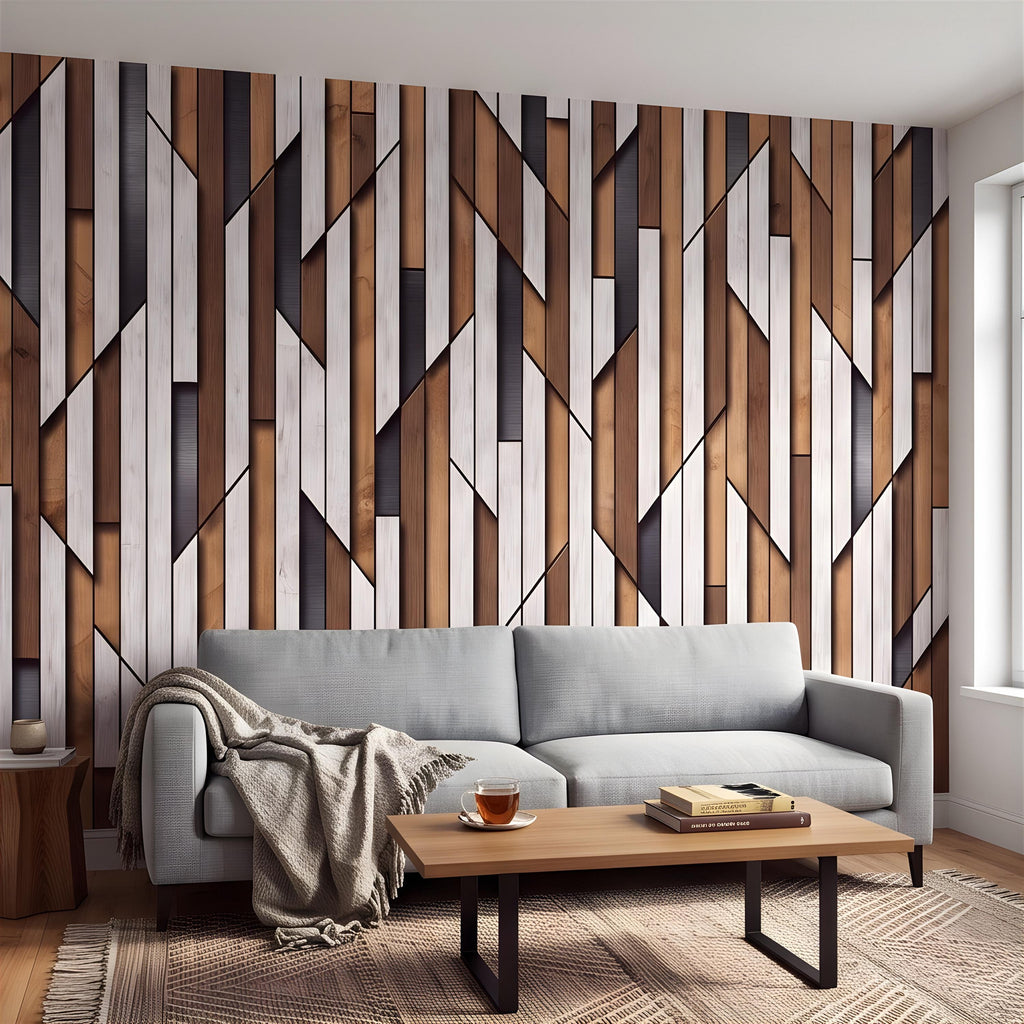 3D Geometric Wood Panel Peel and Stick Wall Mural, Modern Slatted Timber Pattern, Layered Wooden Planks, Architectural Texture Wallpaper