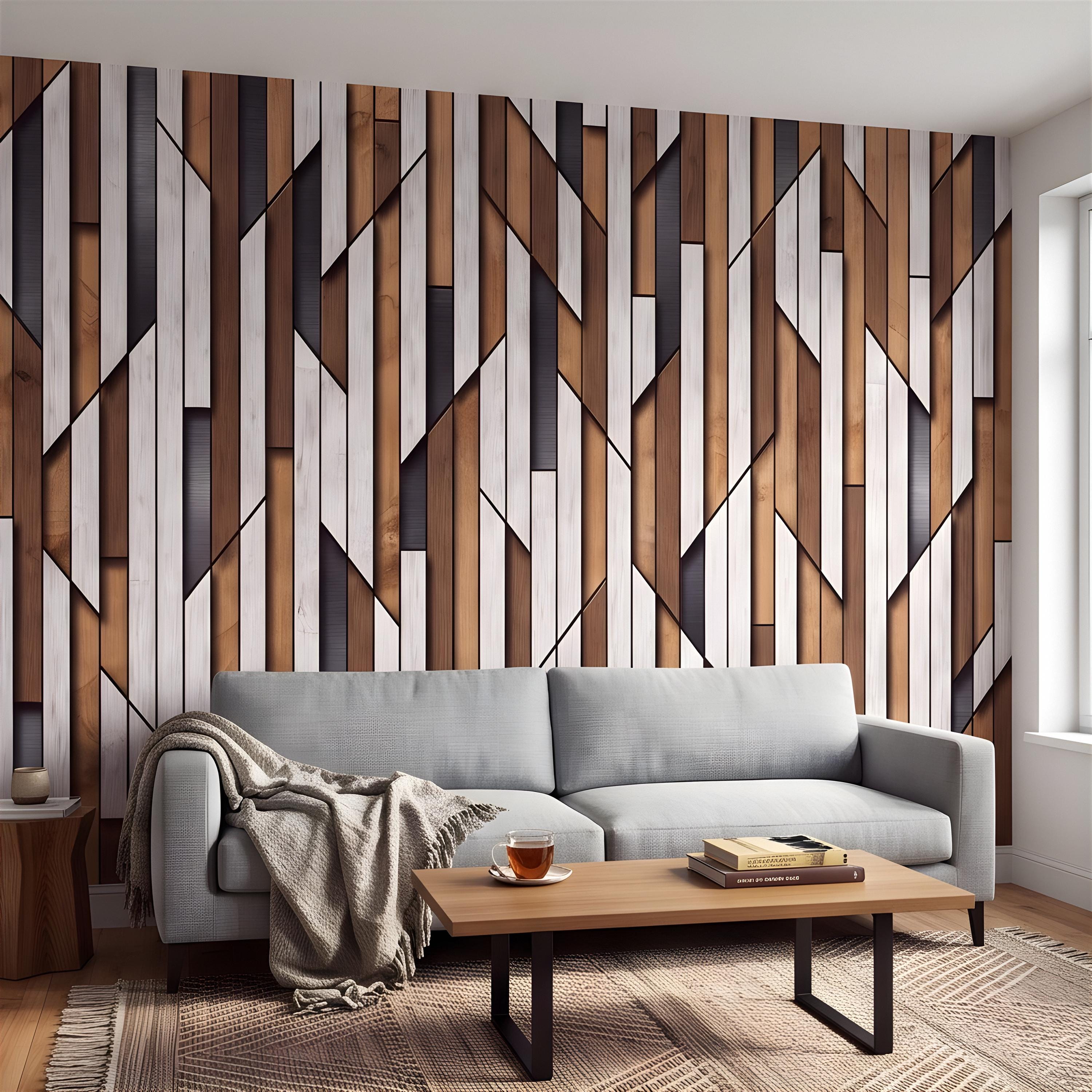 3D Geometric Wood Panel Peel and Stick Wall Mural, Modern Slatted Timber Pattern, Layered Wooden Planks, Architectural Texture Wallpaper