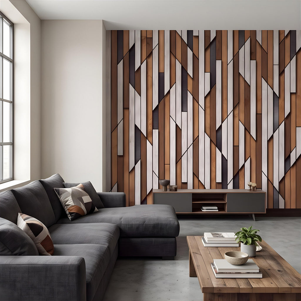 3D Geometric Wood Panel Peel and Stick Wall Mural, Modern Slatted Timber Pattern, Layered Wooden Planks, Architectural Texture Wallpaper