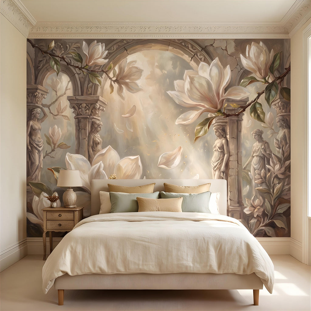 Classical Magnolia Peel and Stick Wall Mural, Ancient Stone Archway, Greco Roman Garden Statues, Elegant Botanical Wallpaper