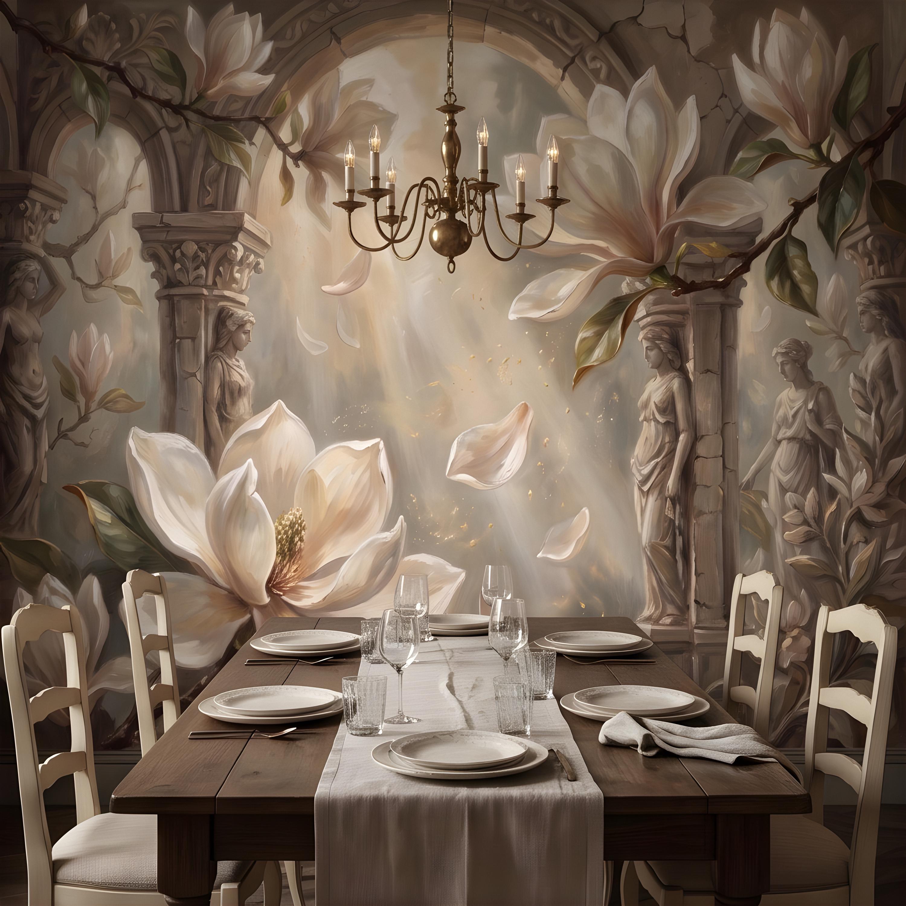 Classical Magnolia Peel and Stick Wall Mural, Ancient Stone Archway, Greco Roman Garden Statues, Elegant Botanical Wallpaper