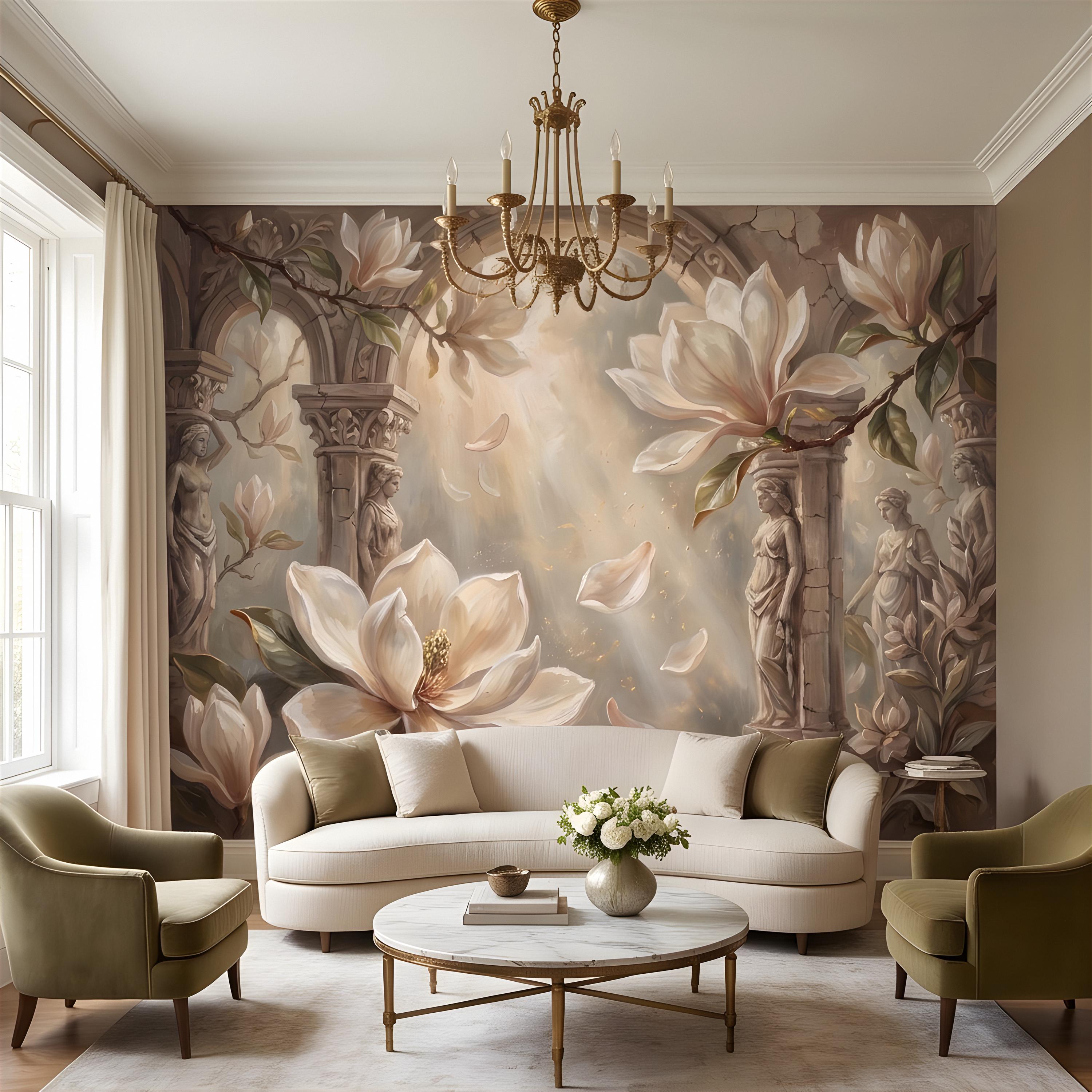 Classical Magnolia Peel and Stick Wall Mural, Ancient Stone Archway, Greco Roman Garden Statues, Elegant Botanical Wallpaper