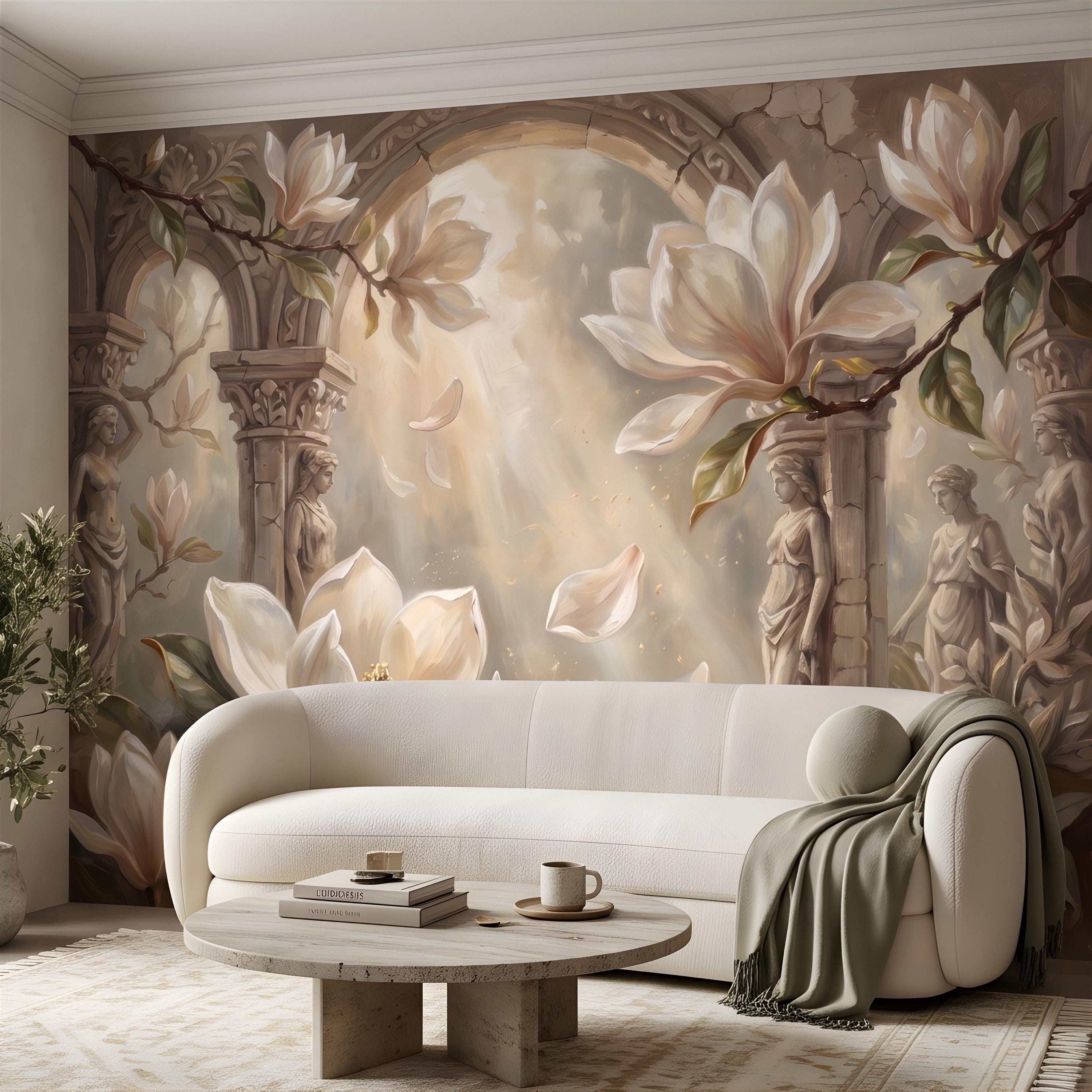 Classical Magnolia Peel and Stick Wall Mural, Ancient Stone Archway, Greco Roman Garden Statues, Elegant Botanical Wallpaper