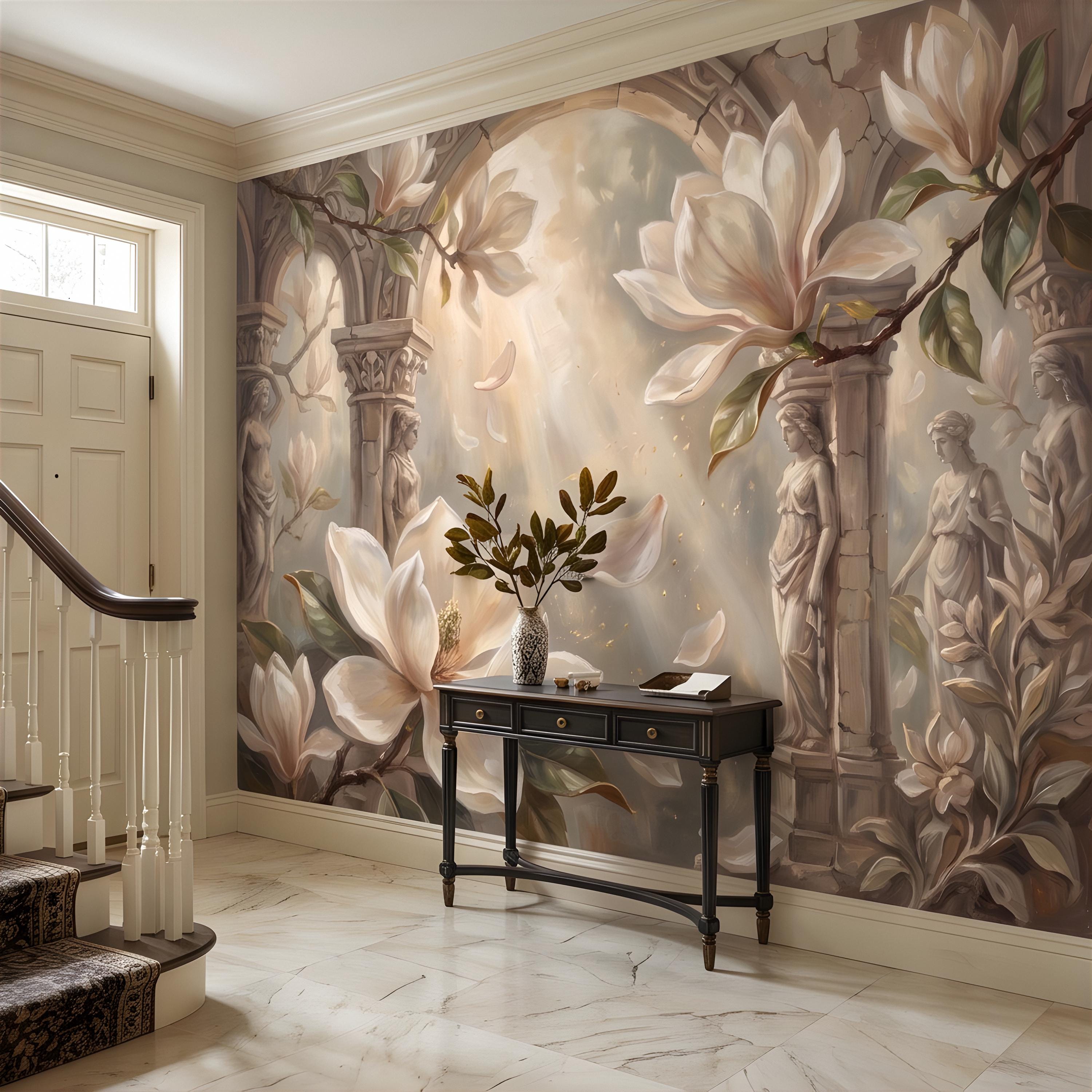 Classical Magnolia Peel and Stick Wall Mural, Ancient Stone Archway, Greco Roman Garden Statues, Elegant Botanical Wallpaper