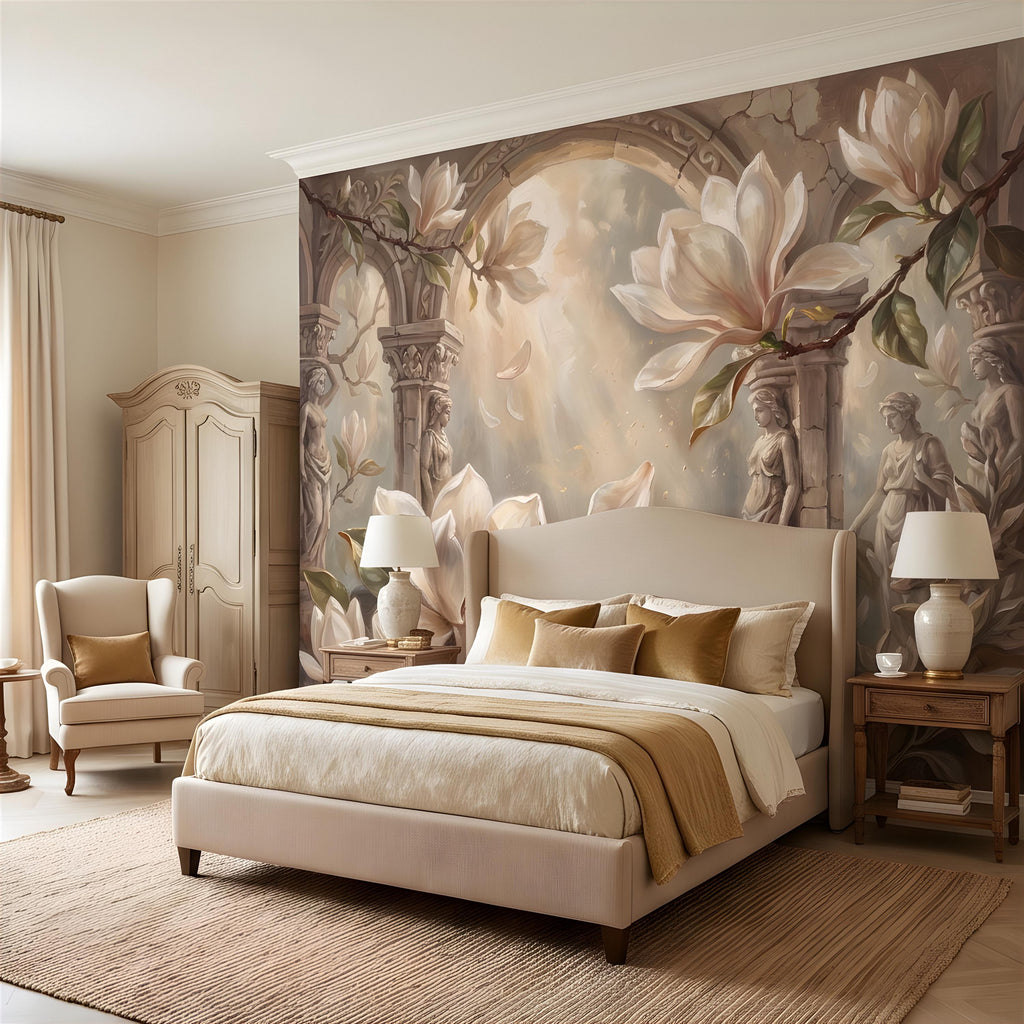 Classical Magnolia Peel and Stick Wall Mural, Ancient Stone Archway, Greco Roman Garden Statues, Elegant Botanical Wallpaper