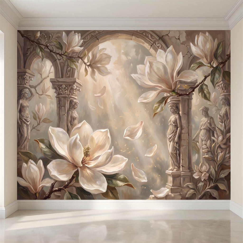 Classical Magnolia Peel and Stick Wall Mural, Ancient Stone Archway, Greco Roman Garden Statues, Elegant Botanical Wallpaper