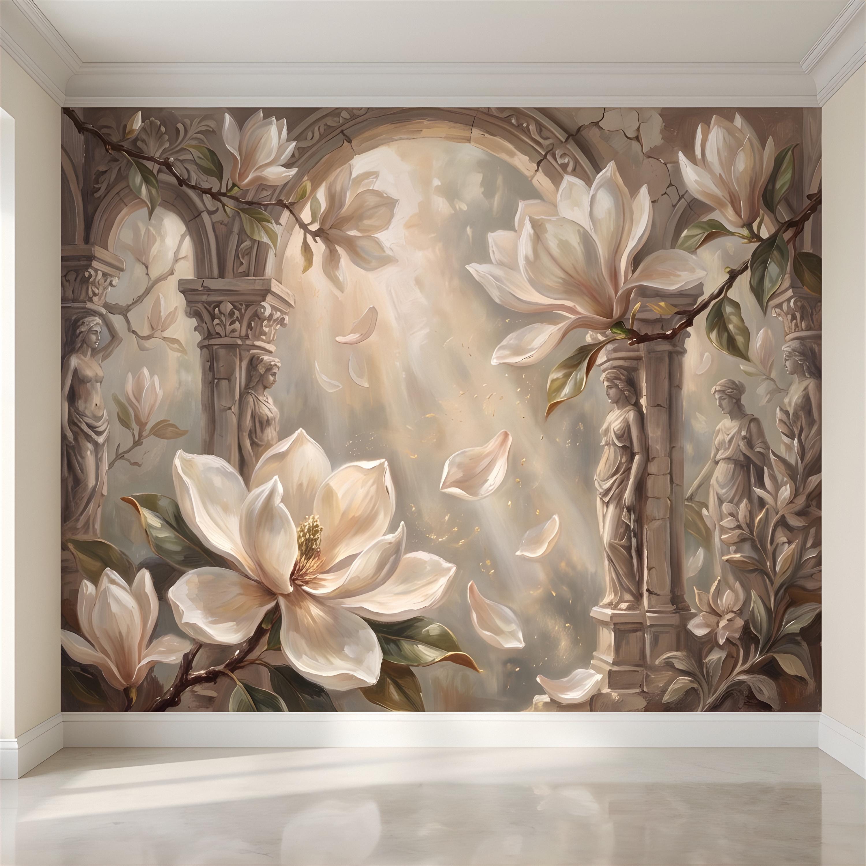Classical Magnolia Peel and Stick Wall Mural, Ancient Stone Archway, Greco Roman Garden Statues, Elegant Botanical Wallpaper