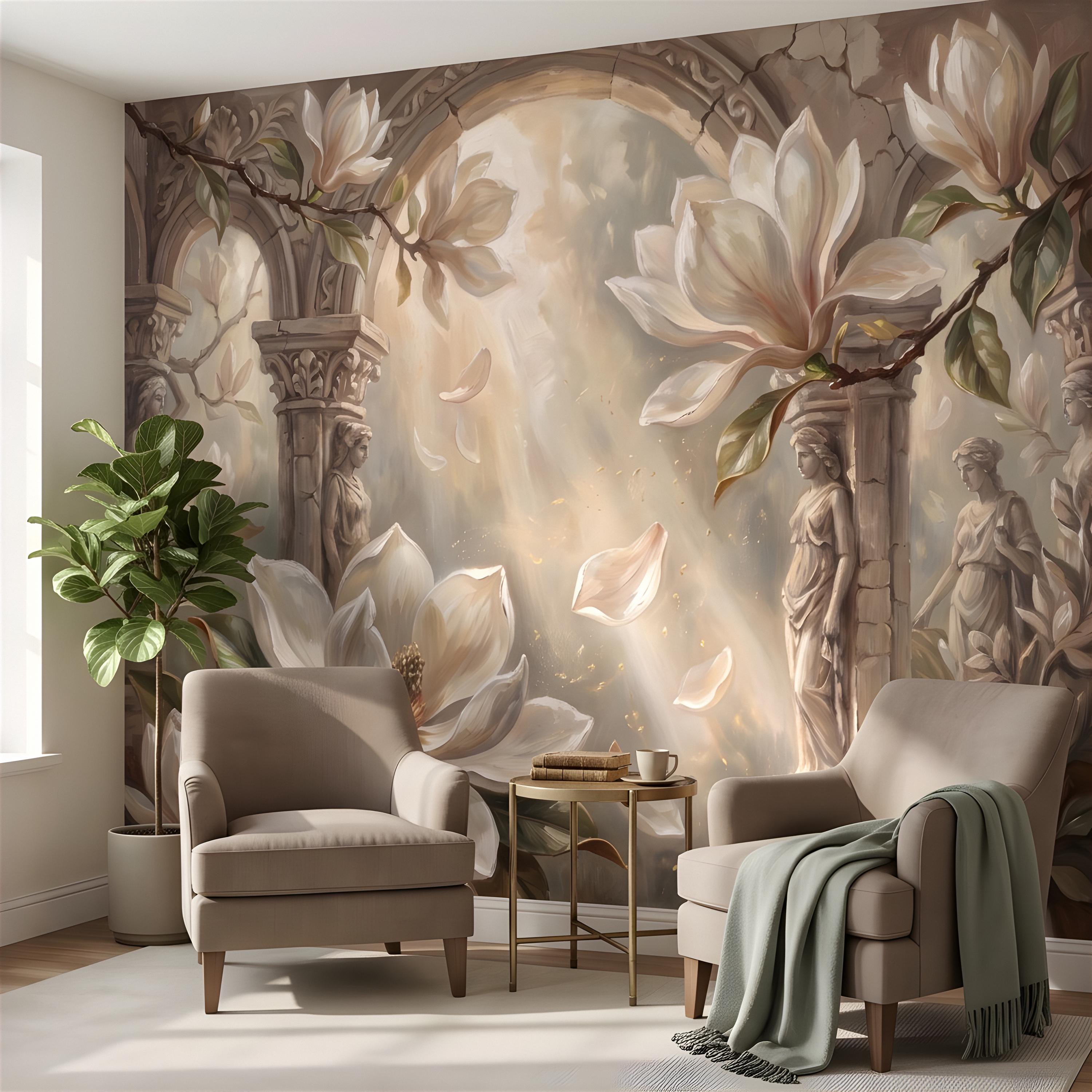 Classical Magnolia Peel and Stick Wall Mural, Ancient Stone Archway, Greco Roman Garden Statues, Elegant Botanical Wallpaper