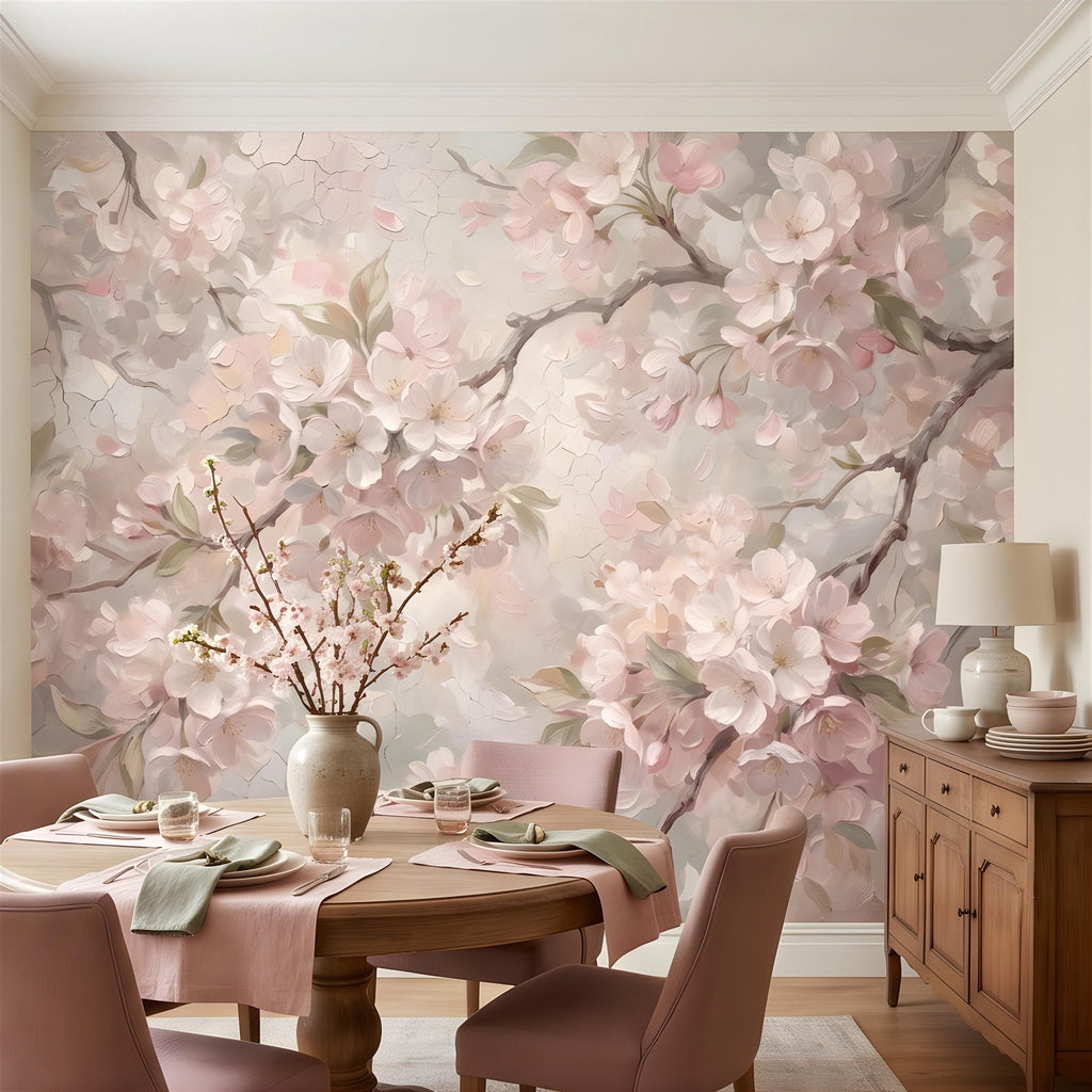 Cherry Blossom Peel and Stick Wall Mural, Soft Sakura Branches, Painterly Spring Bloom, Romantic Botanical Wallpaper