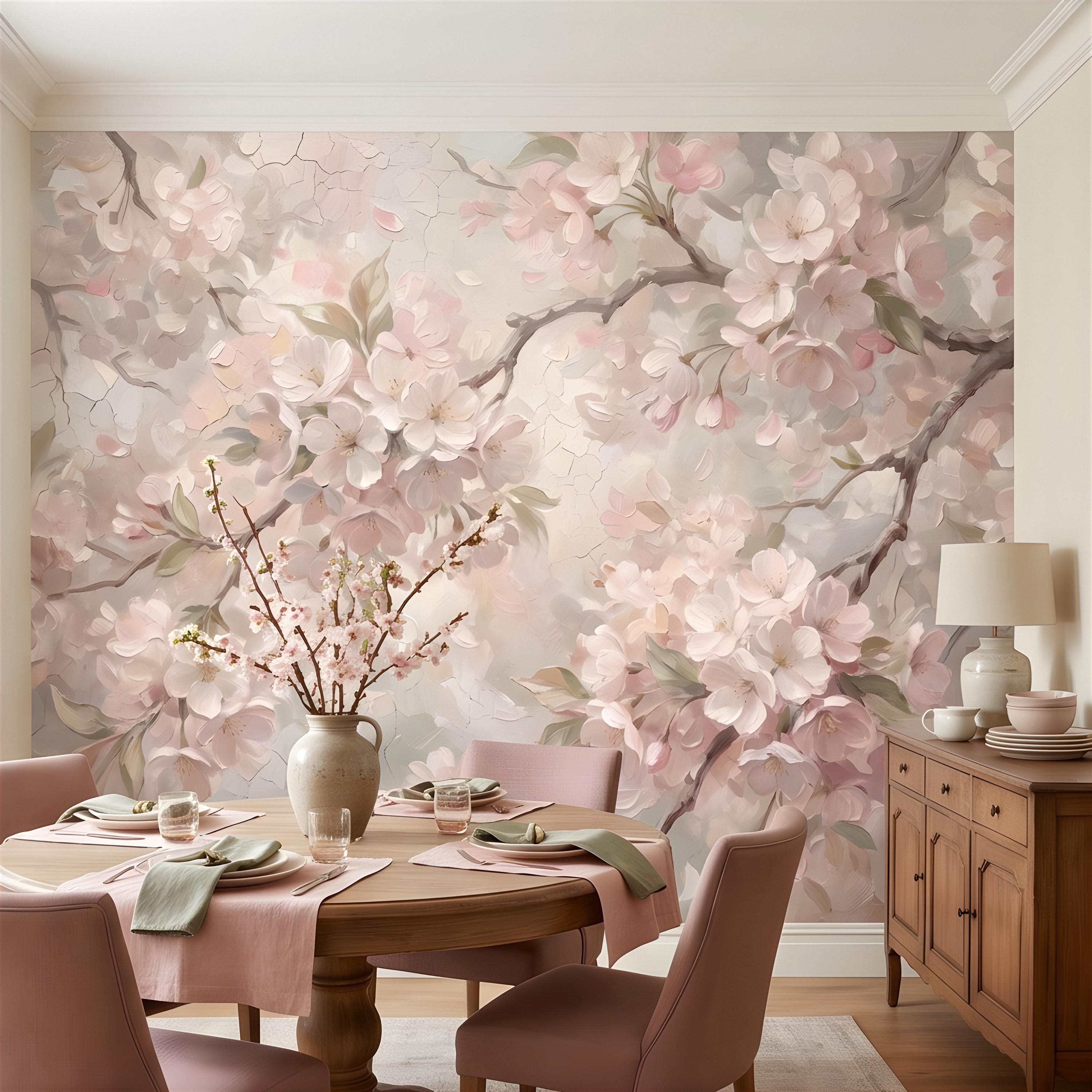 Cherry Blossom Peel and Stick Wall Mural, Soft Sakura Branches, Painterly Spring Bloom, Romantic Botanical Wallpaper