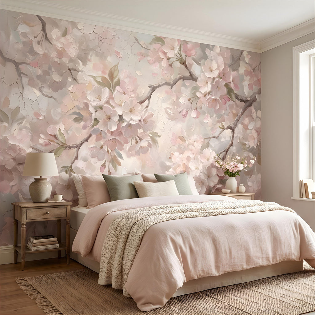 Cherry Blossom Peel and Stick Wall Mural, Soft Sakura Branches, Painterly Spring Bloom, Romantic Botanical Wallpaper