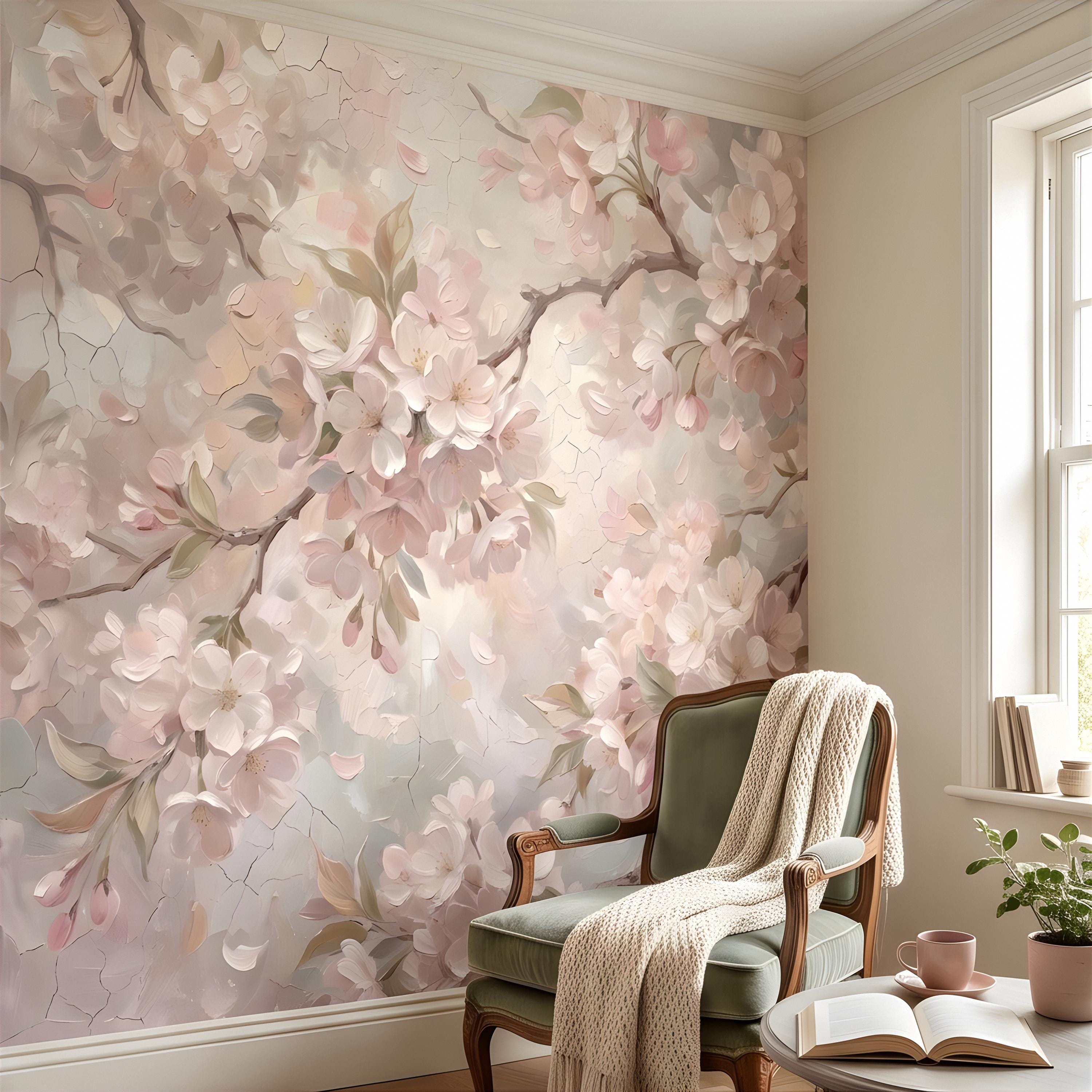 Cherry Blossom Peel and Stick Wall Mural, Soft Sakura Branches, Painterly Spring Bloom, Romantic Botanical Wallpaper