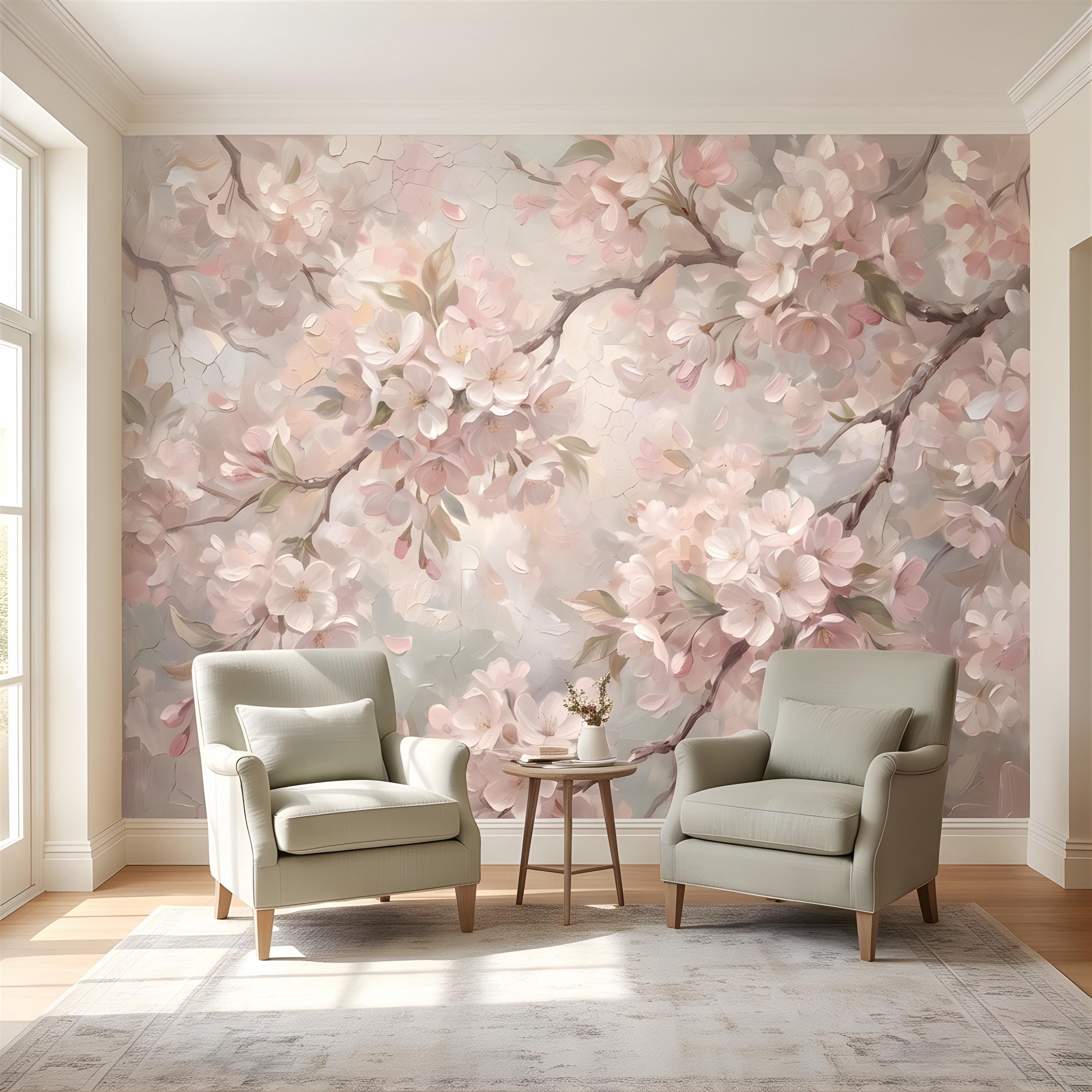 Cherry Blossom Peel and Stick Wall Mural, Soft Sakura Branches, Painterly Spring Bloom, Romantic Botanical Wallpaper