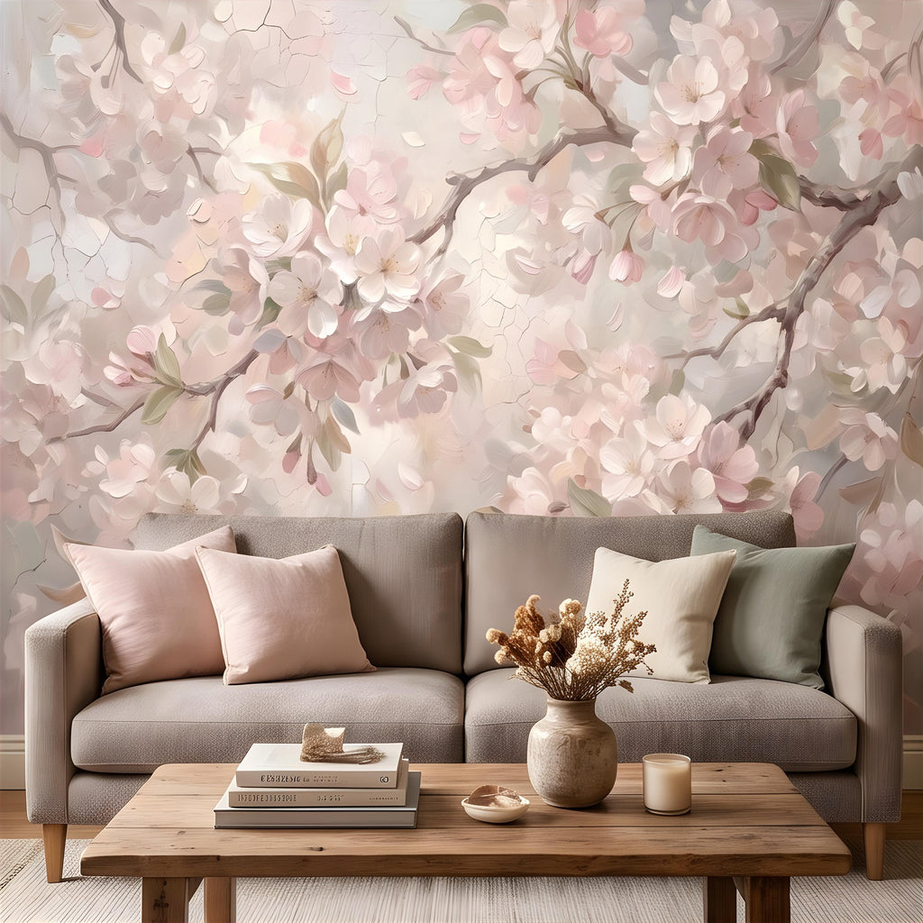 Cherry Blossom Peel and Stick Wall Mural, Soft Sakura Branches, Painterly Spring Bloom, Romantic Botanical Wallpaper