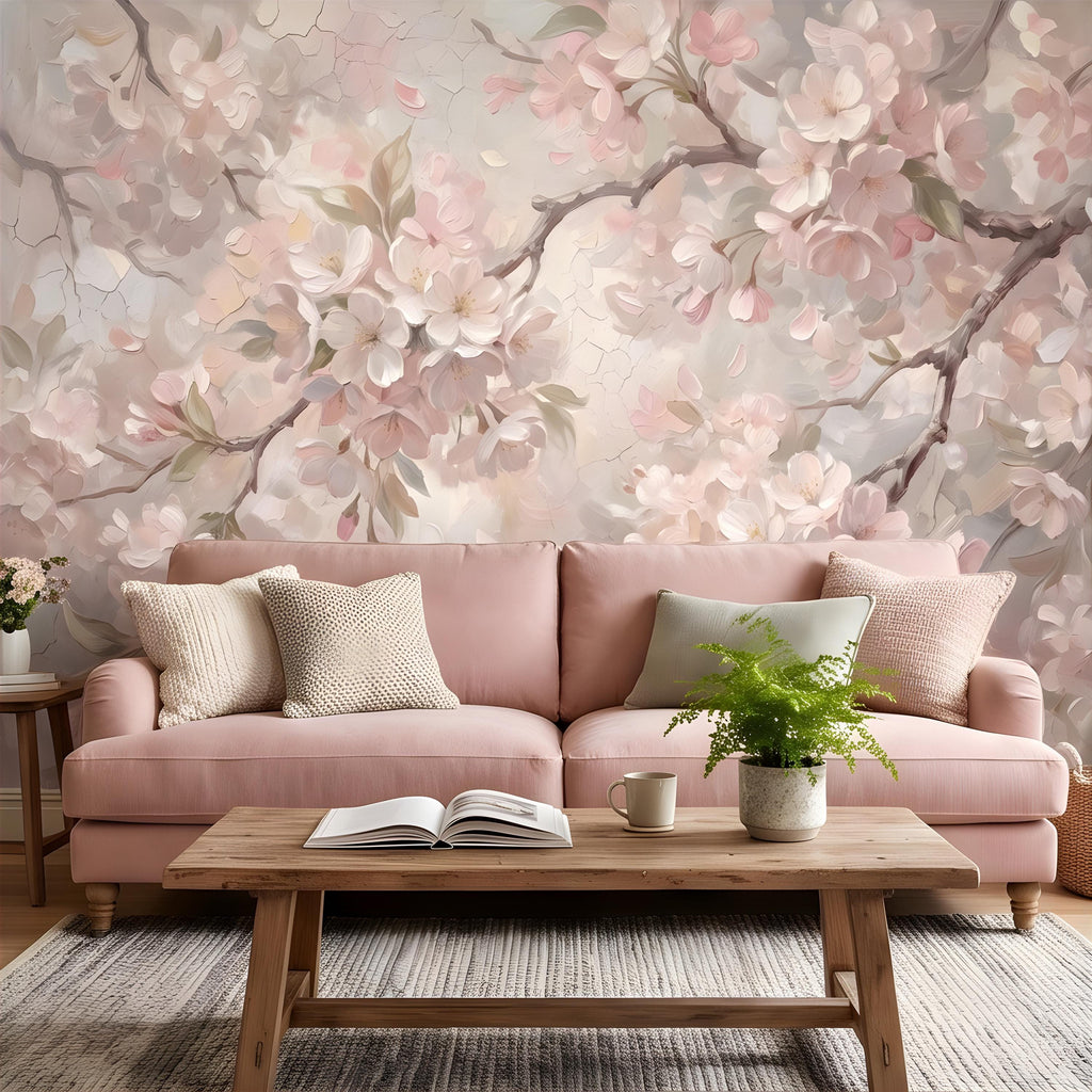 Cherry Blossom Peel and Stick Wall Mural, Soft Sakura Branches, Painterly Spring Bloom, Romantic Botanical Wallpaper