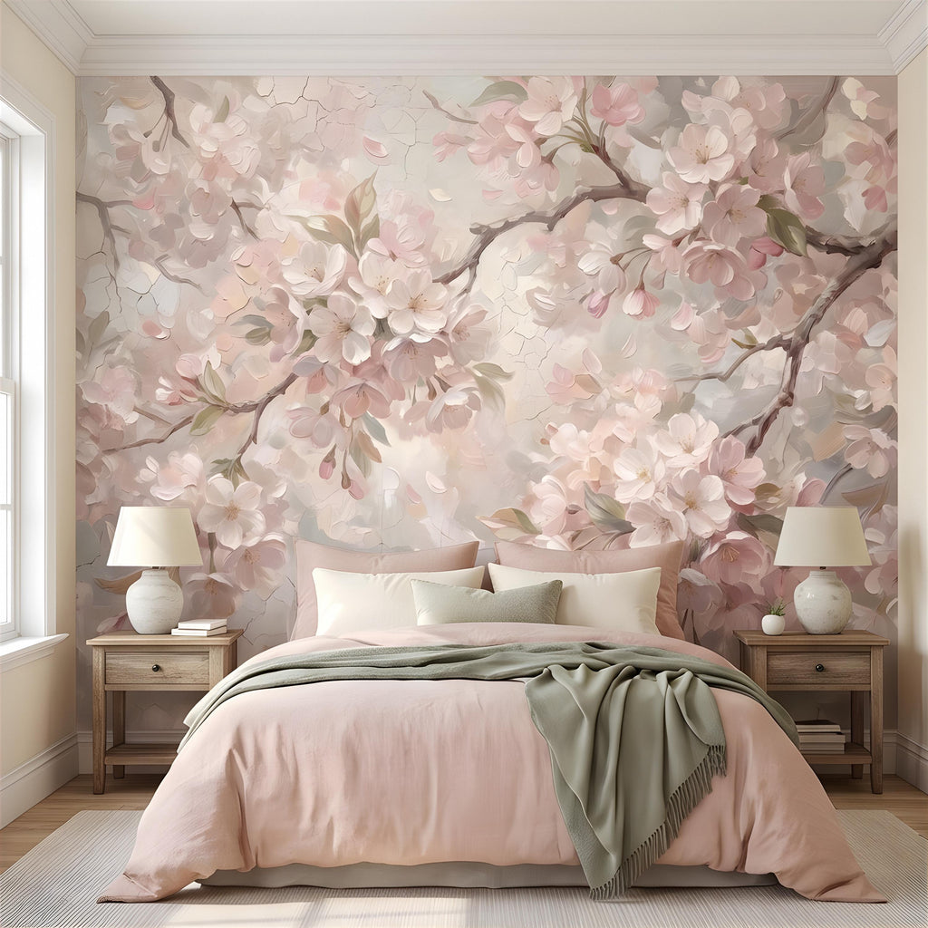 Cherry Blossom Peel and Stick Wall Mural, Soft Sakura Branches, Painterly Spring Bloom, Romantic Botanical Wallpaper