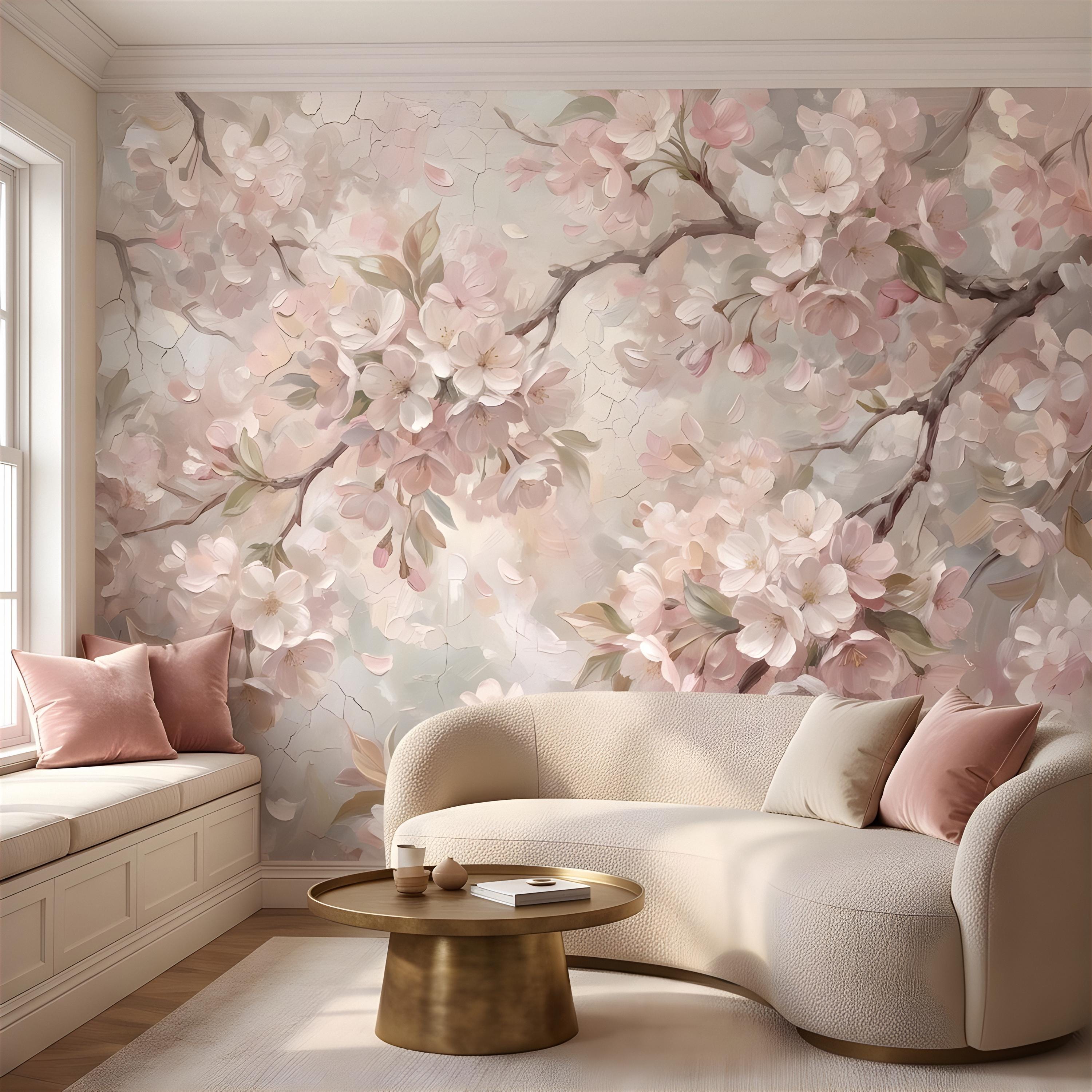 Cherry Blossom Peel and Stick Wall Mural, Soft Sakura Branches, Painterly Spring Bloom, Romantic Botanical Wallpaper
