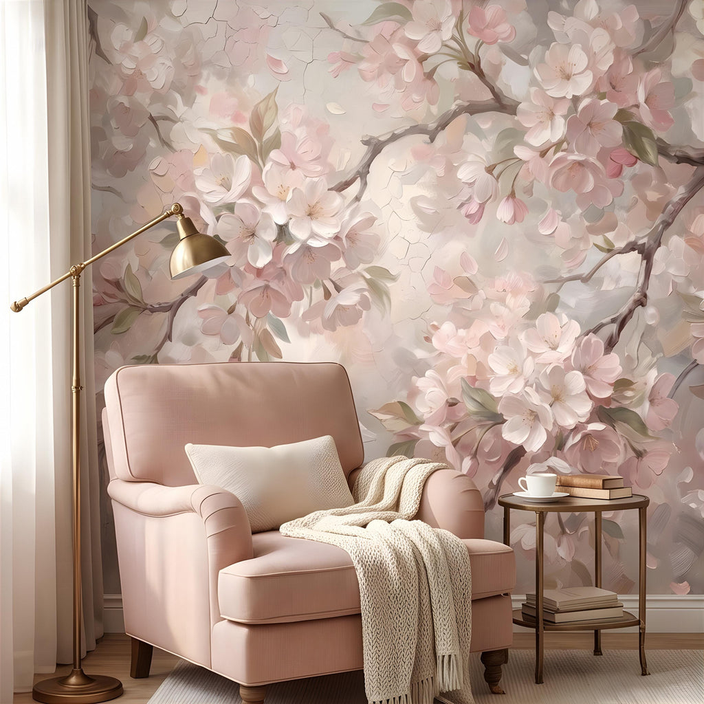 Cherry Blossom Peel and Stick Wall Mural, Soft Sakura Branches, Painterly Spring Bloom, Romantic Botanical Wallpaper