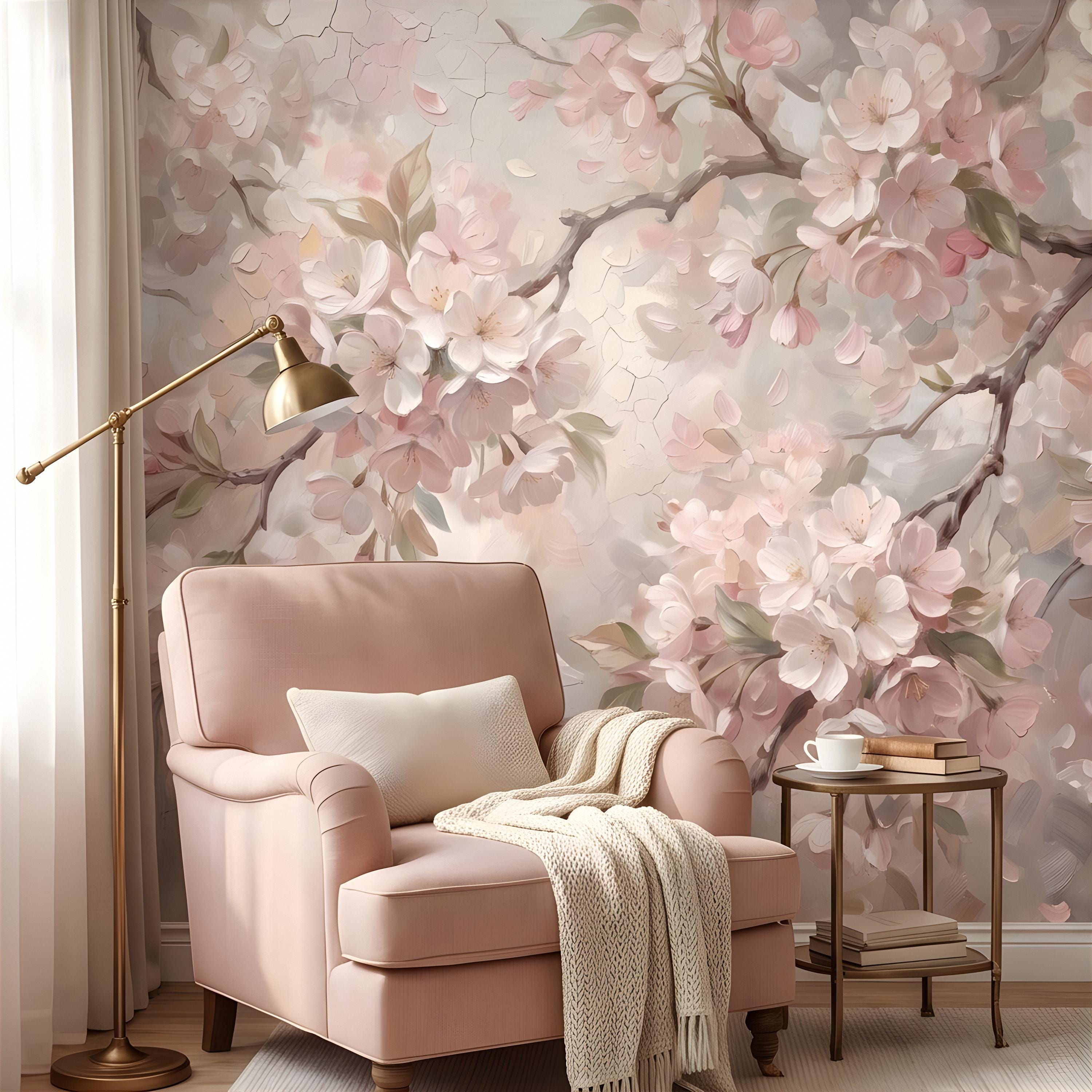 Cherry Blossom Peel and Stick Wall Mural, Soft Sakura Branches, Painterly Spring Bloom, Romantic Botanical Wallpaper