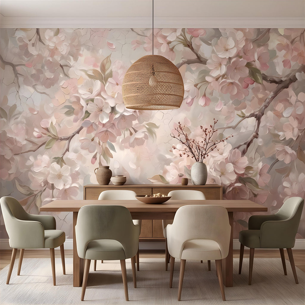 Cherry Blossom Peel and Stick Wall Mural, Soft Sakura Branches, Painterly Spring Bloom, Romantic Botanical Wallpaper