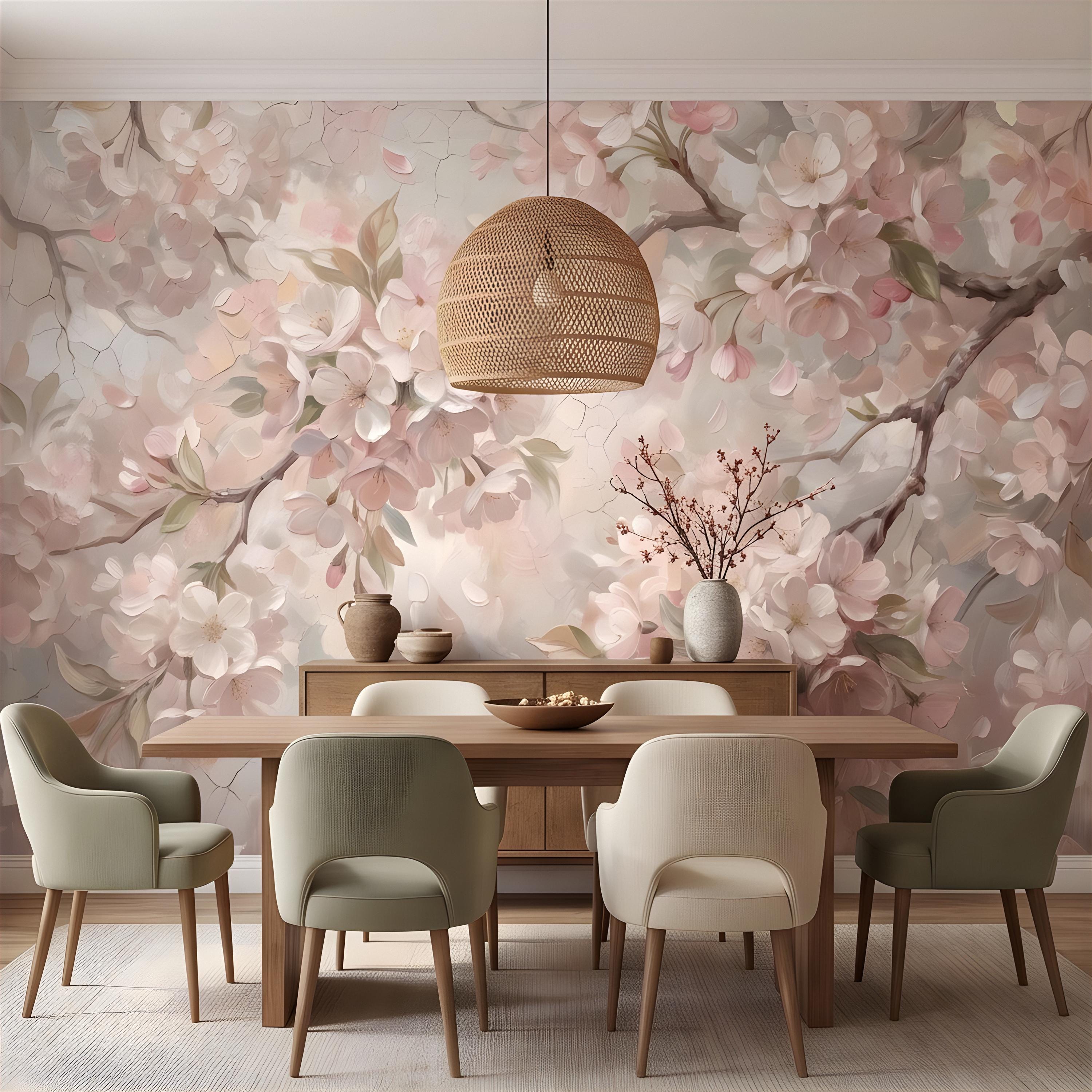 Cherry Blossom Peel and Stick Wall Mural, Soft Sakura Branches, Painterly Spring Bloom, Romantic Botanical Wallpaper