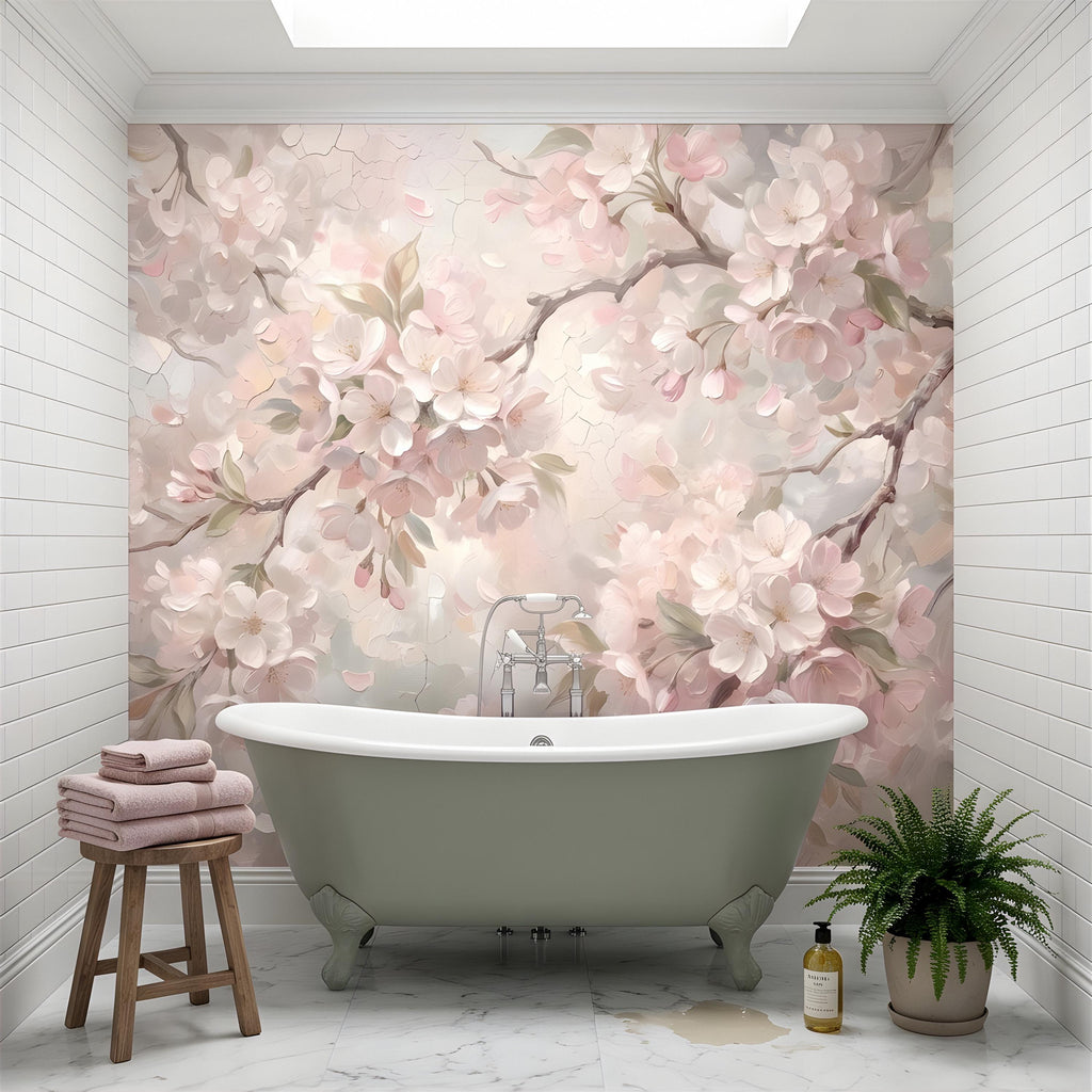 Cherry Blossom Peel and Stick Wall Mural, Soft Sakura Branches, Painterly Spring Bloom, Romantic Botanical Wallpaper