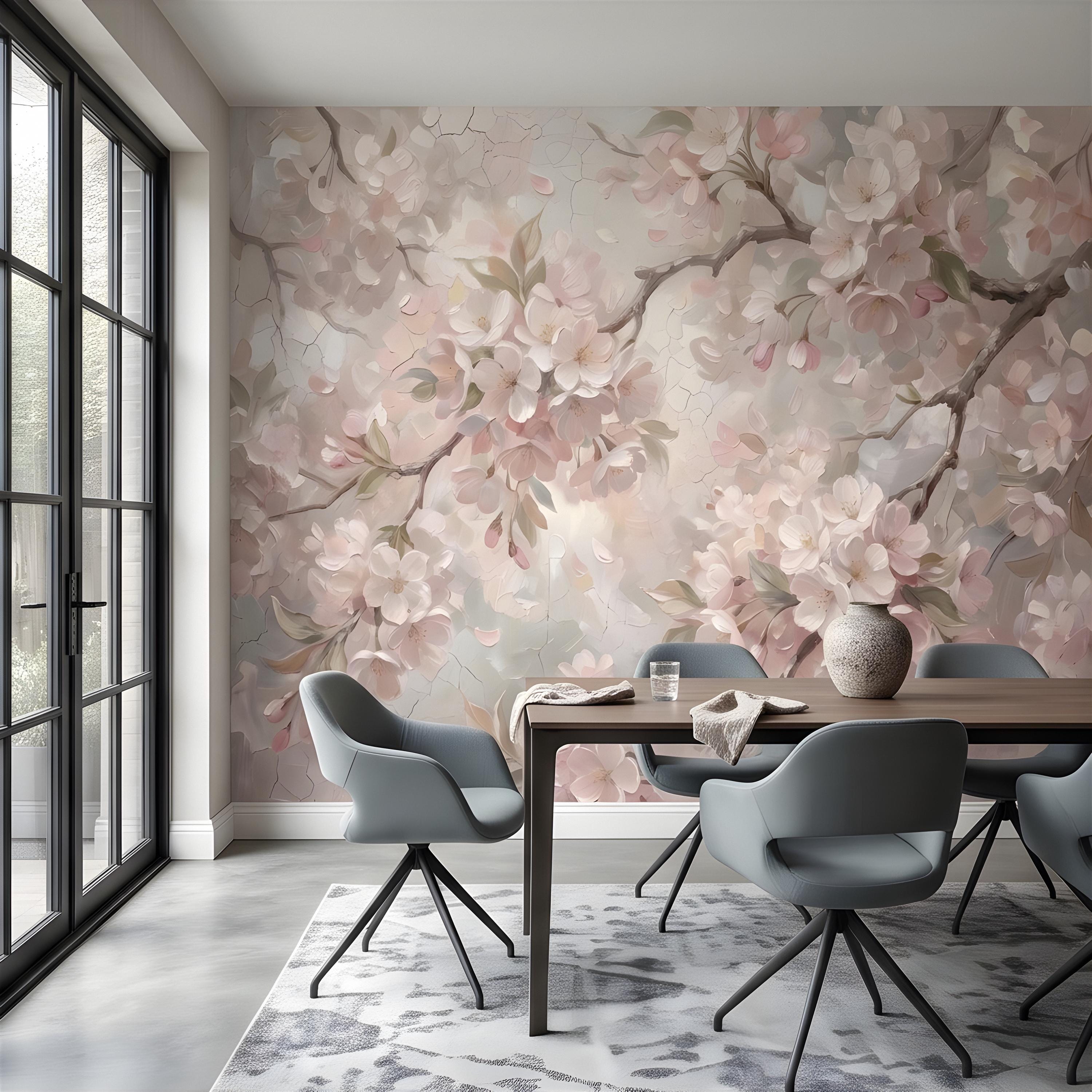 Cherry Blossom Peel and Stick Wall Mural, Soft Sakura Branches, Painterly Spring Bloom, Romantic Botanical Wallpaper