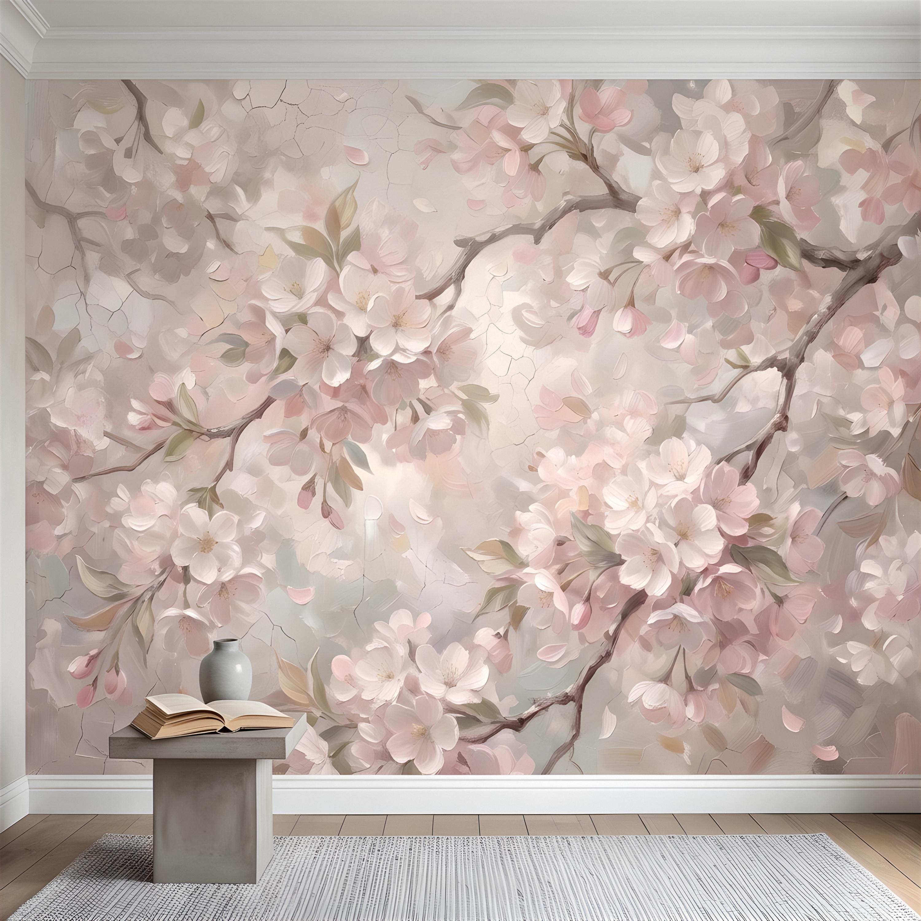 Cherry Blossom Peel and Stick Wall Mural, Soft Sakura Branches, Painterly Spring Bloom, Romantic Botanical Wallpaper