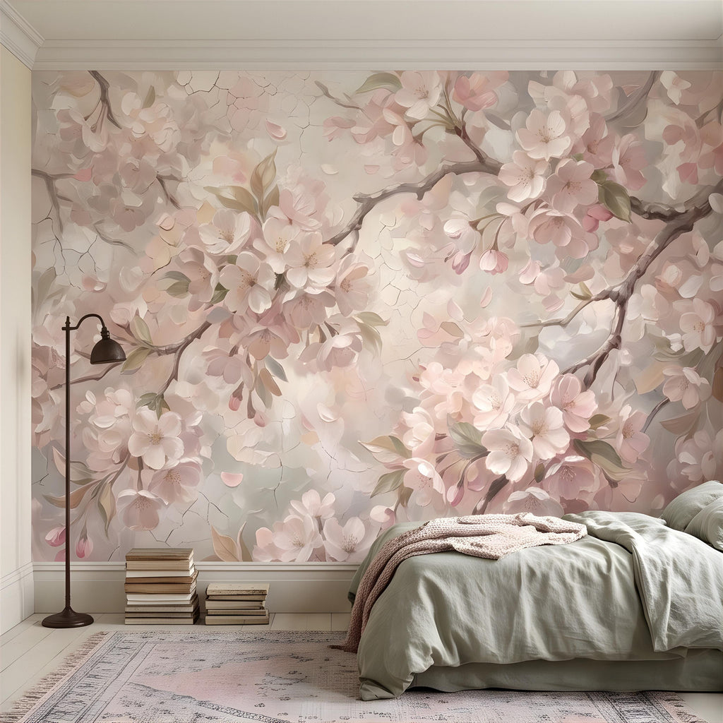 Cherry Blossom Peel and Stick Wall Mural, Soft Sakura Branches, Painterly Spring Bloom, Romantic Botanical Wallpaper