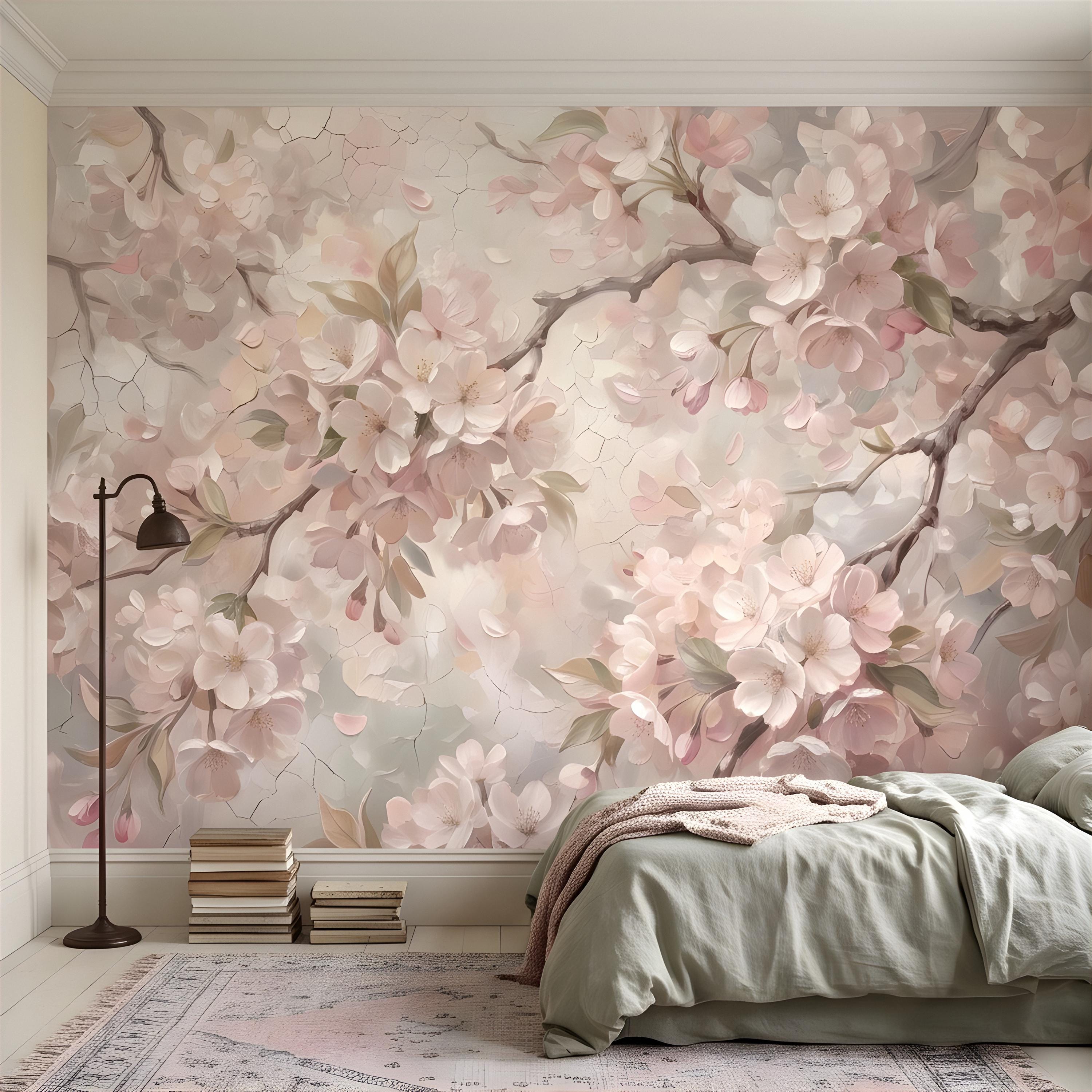 Cherry Blossom Peel and Stick Wall Mural, Soft Sakura Branches, Painterly Spring Bloom, Romantic Botanical Wallpaper