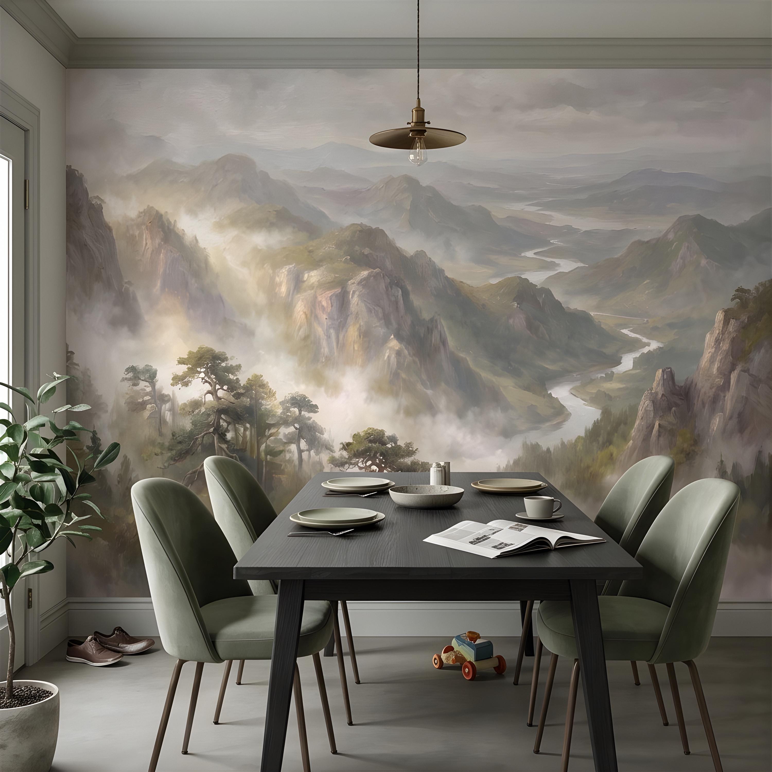 Misty Mountain Valley Peel and Stick Wall Mural, Painterly River Canyon Vista, Majestic Forest Peaks, Scenic Nature Wallpaper