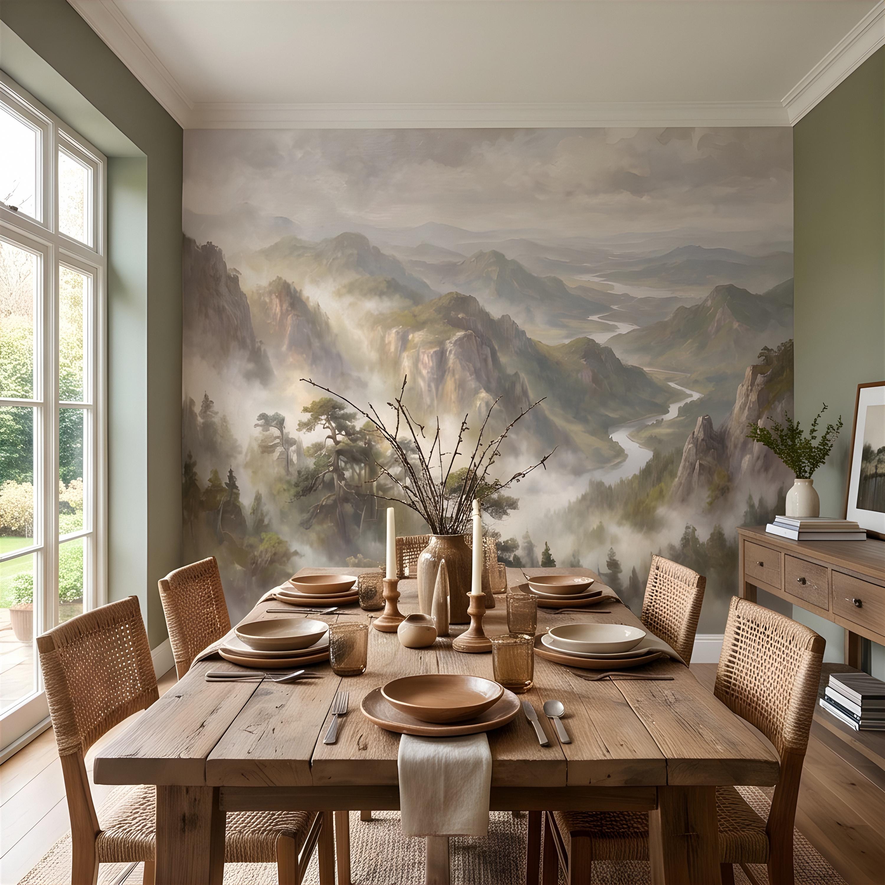 Misty Mountain Valley Peel and Stick Wall Mural, Painterly River Canyon Vista, Majestic Forest Peaks, Scenic Nature Wallpaper
