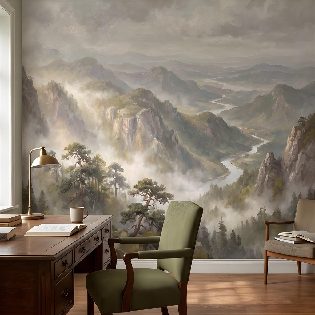 Misty Mountain Valley Peel and Stick Wall Mural, Painterly River Canyon Vista, Majestic Forest Peaks, Scenic Nature Wallpaper