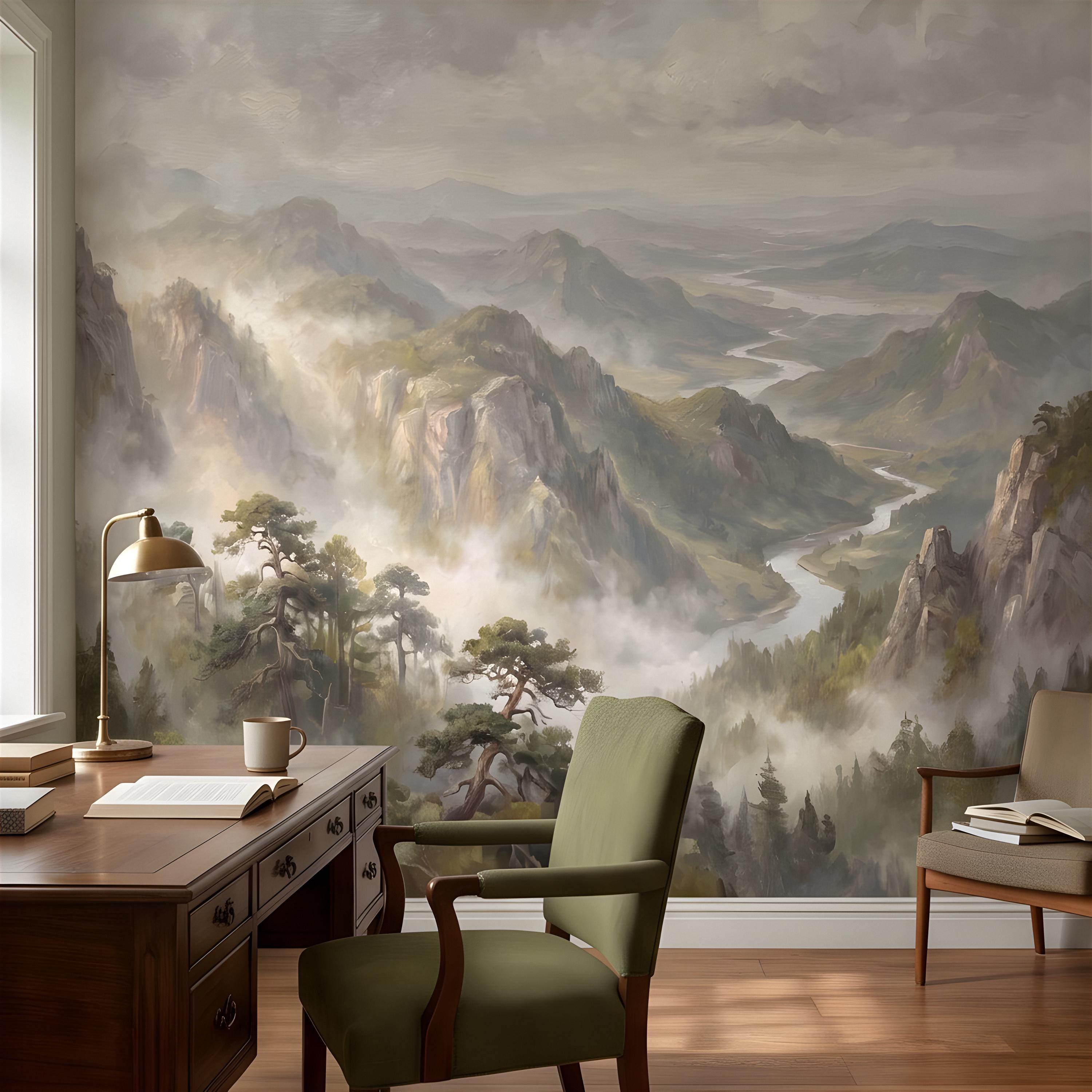 Misty Mountain Valley Peel and Stick Wall Mural, Painterly River Canyon Vista, Majestic Forest Peaks, Scenic Nature Wallpaper