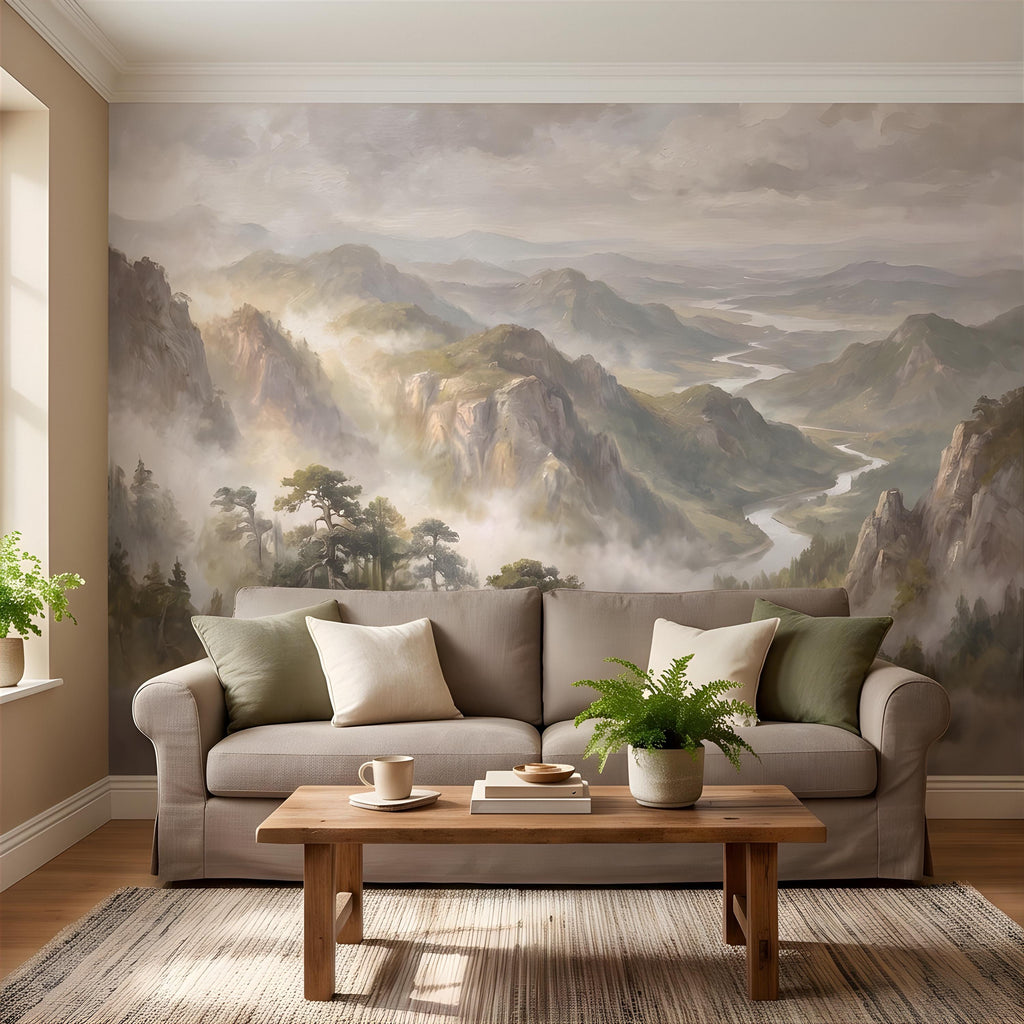 Misty Mountain Valley Peel and Stick Wall Mural, Painterly River Canyon Vista, Majestic Forest Peaks, Scenic Nature Wallpaper